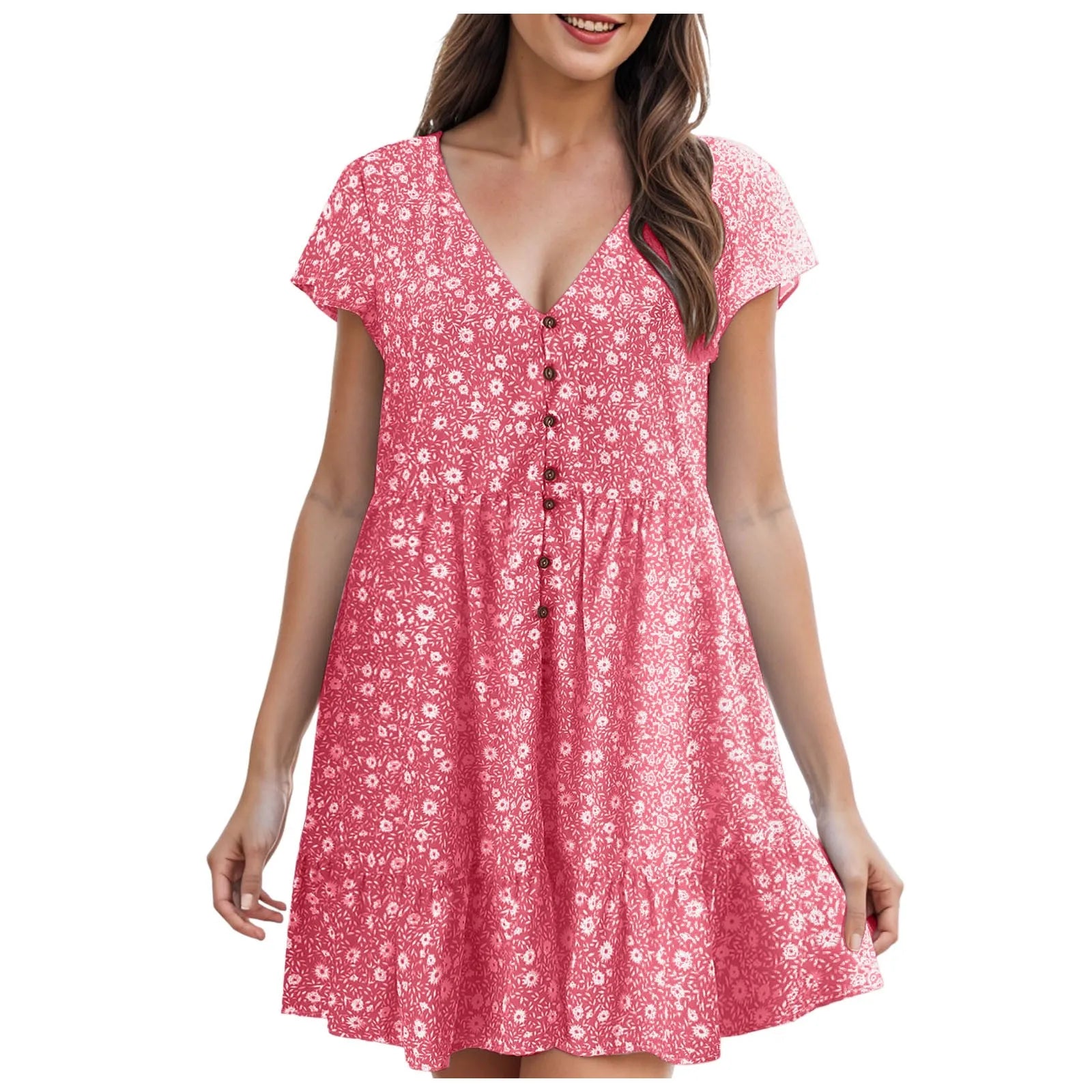 Summer Korean New Small Floral Dress Casual V Neck Button Dress For Women Short Sleeved Loose T Shirt Dresses Vestidos De Fiesta