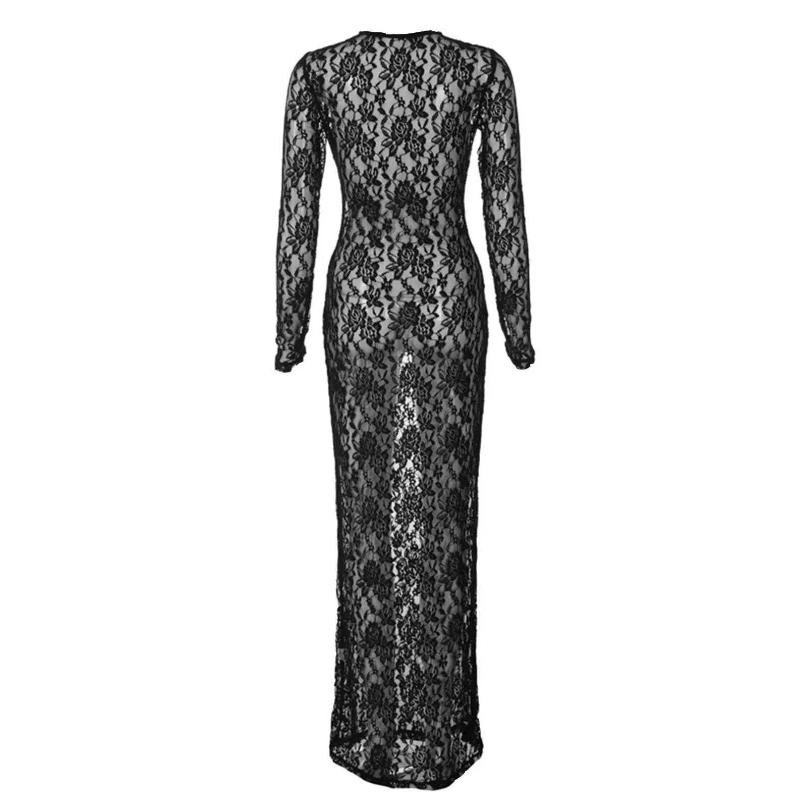 Translucent Floral Lace Fashion Dress Sexy Trend Splicing Long Sleeved Bag Hip Dresses 2025 Explosive Summer New Dress Vestidos