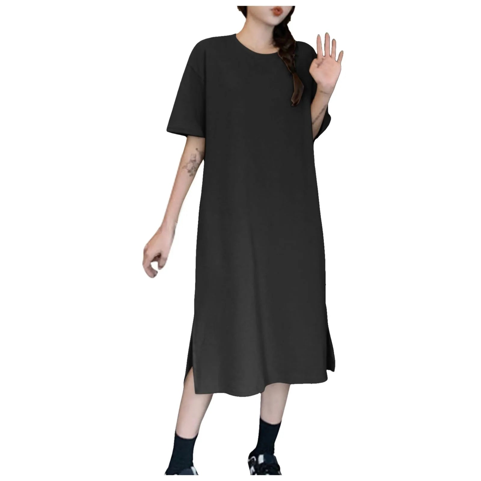 Summer New Loose Solid Color Dress Large Size Short Sleeved Casual Soft Dresses For Women Over The Knee Slit T Shirt Dress 원피스