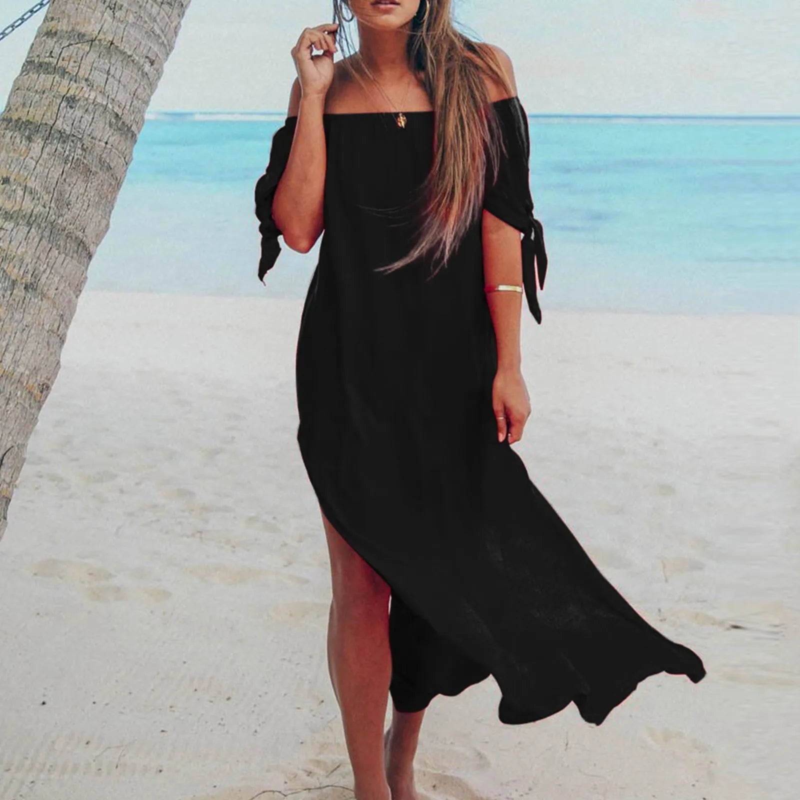 Women Off Shoulder Knotted Short Sleeved Dress For Women Elegant Sexy Clothing Off Shoulder High Slit Short Sleeves Long Dresses
