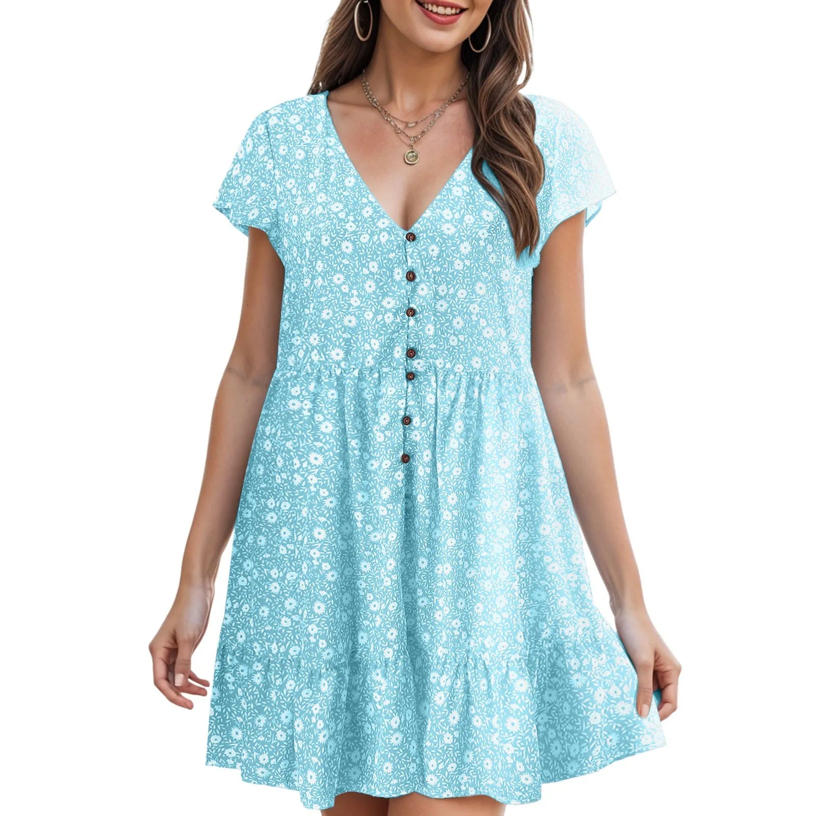 Summer Korean New Small Floral Dress Casual V Neck Button Dress For Women Short Sleeved Loose T Shirt Dresses Vestidos De Fiesta