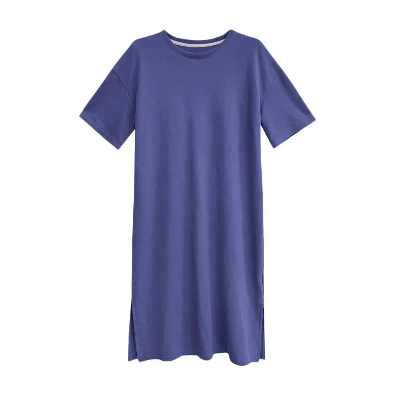 Summer New Loose Solid Color Dress Large Size Short Sleeved Casual Soft Dresses For Women Over The Knee Slit T Shirt Dress 원피스