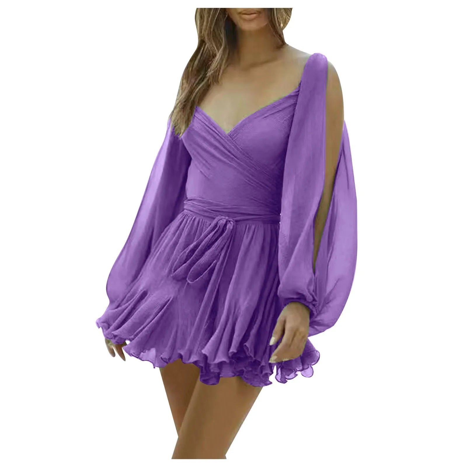 Backless Chiffon Sundress Sexy Hot Girl Dress Hollow Long Sleeve Off Shoulder Dress V Neck Slim Waist Swing Mini Dresses платье