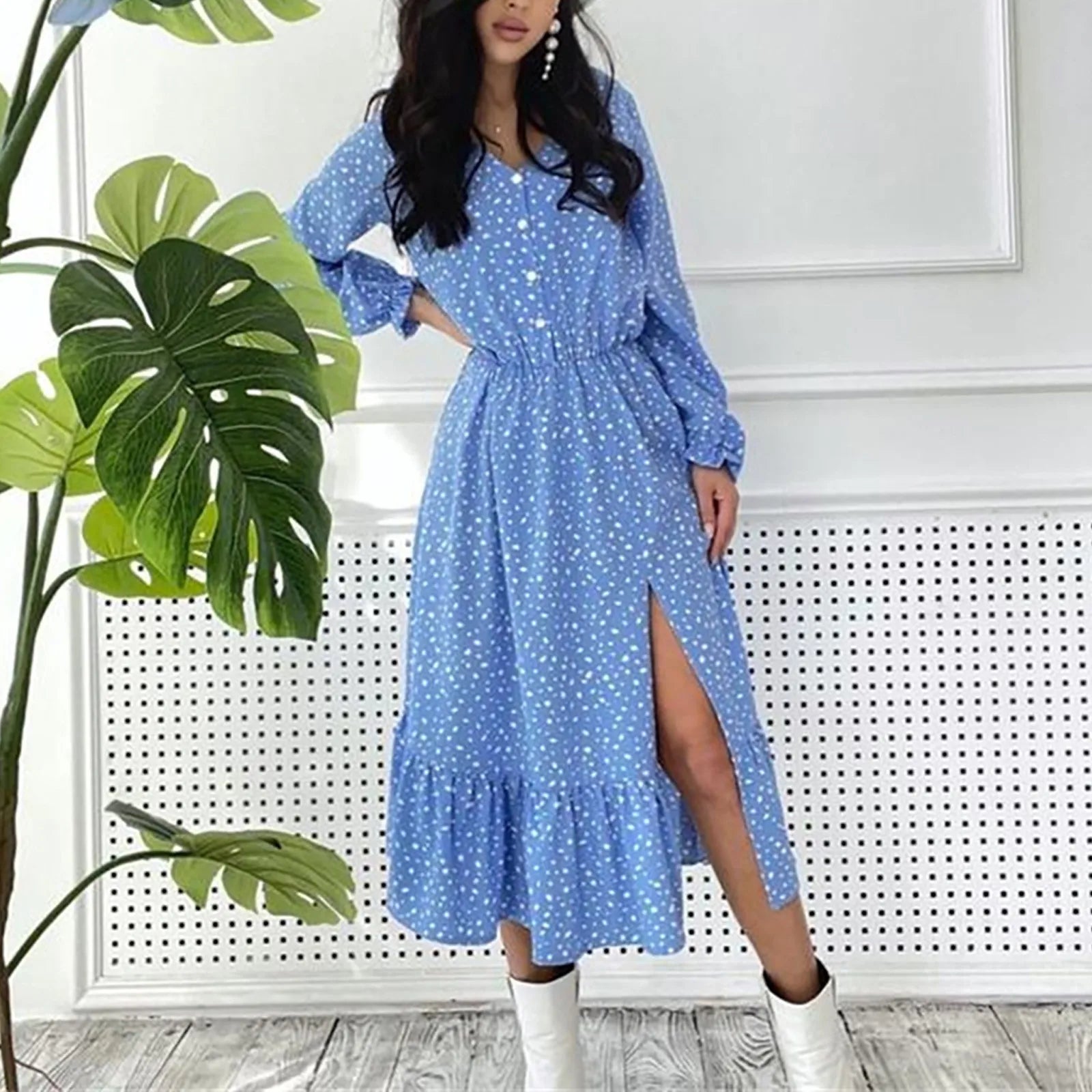 Dresses Ladies Elegant Ruffle Long Sleeve Polka Dot V Neck Button Chiffon Dresses Boho A Line Long Dresses Woman'S Dresses