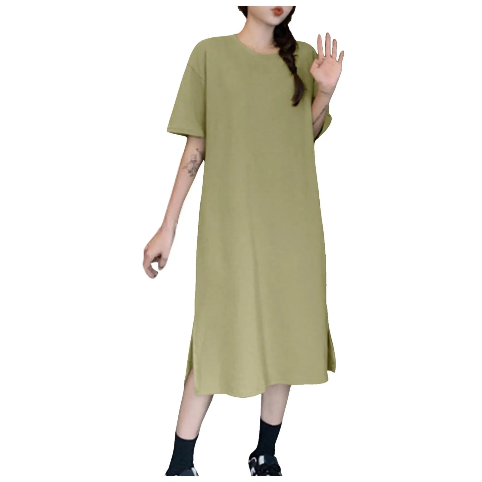 Summer New Loose Solid Color Dress Large Size Short Sleeved Casual Soft Dresses For Women Over The Knee Slit T Shirt Dress 원피스