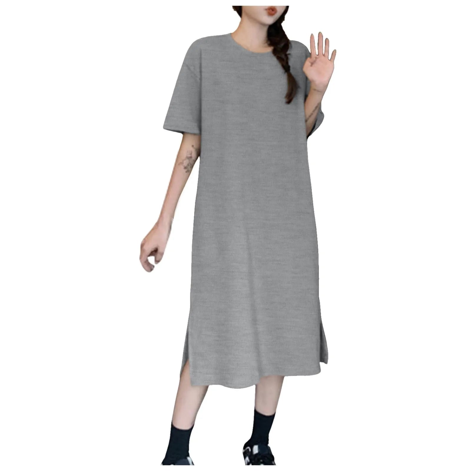 Summer New Loose Solid Color Dress Large Size Short Sleeved Casual Soft Dresses For Women Over The Knee Slit T Shirt Dress 원피스