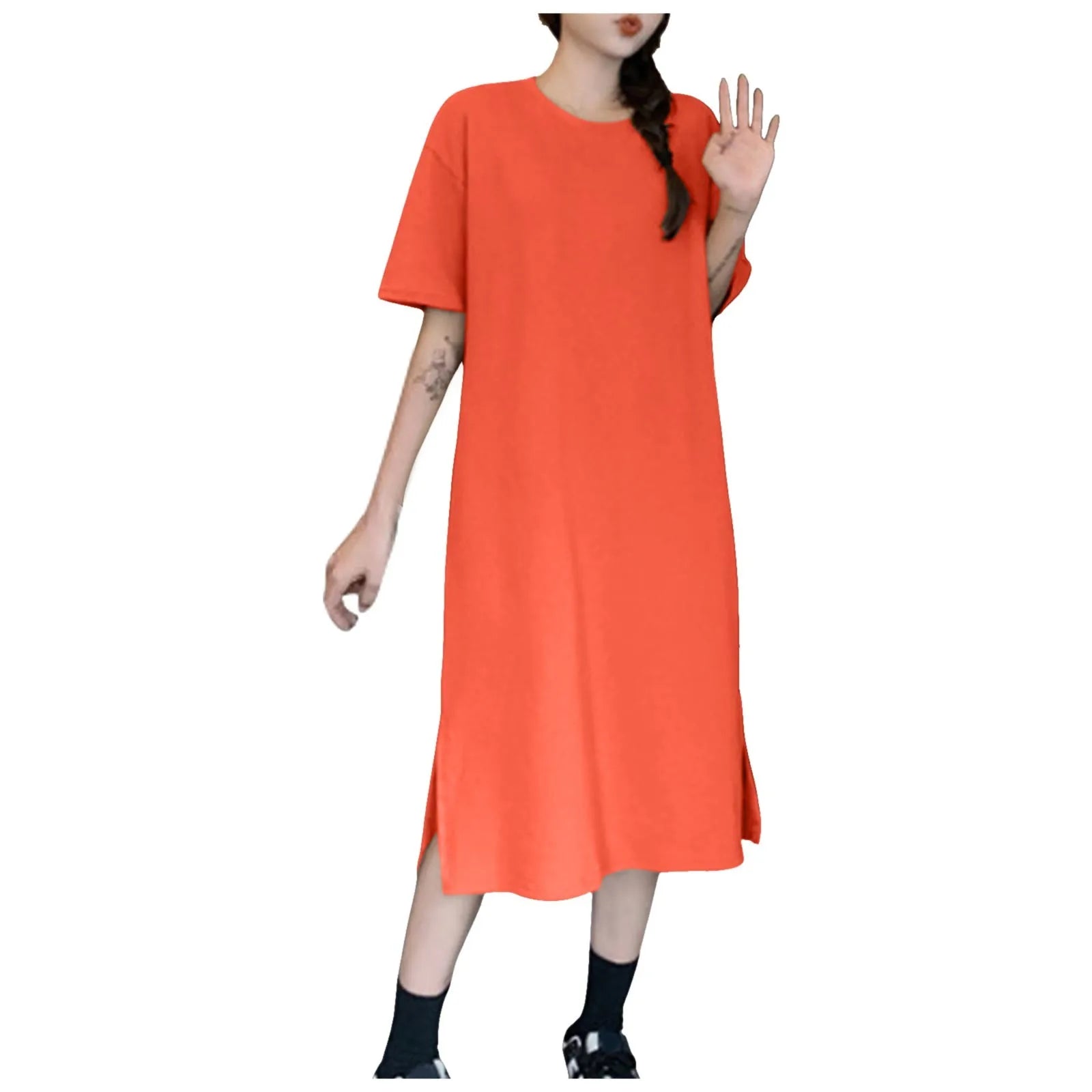 Summer New Loose Solid Color Dress Large Size Short Sleeved Casual Soft Dresses For Women Over The Knee Slit T Shirt Dress 원피스