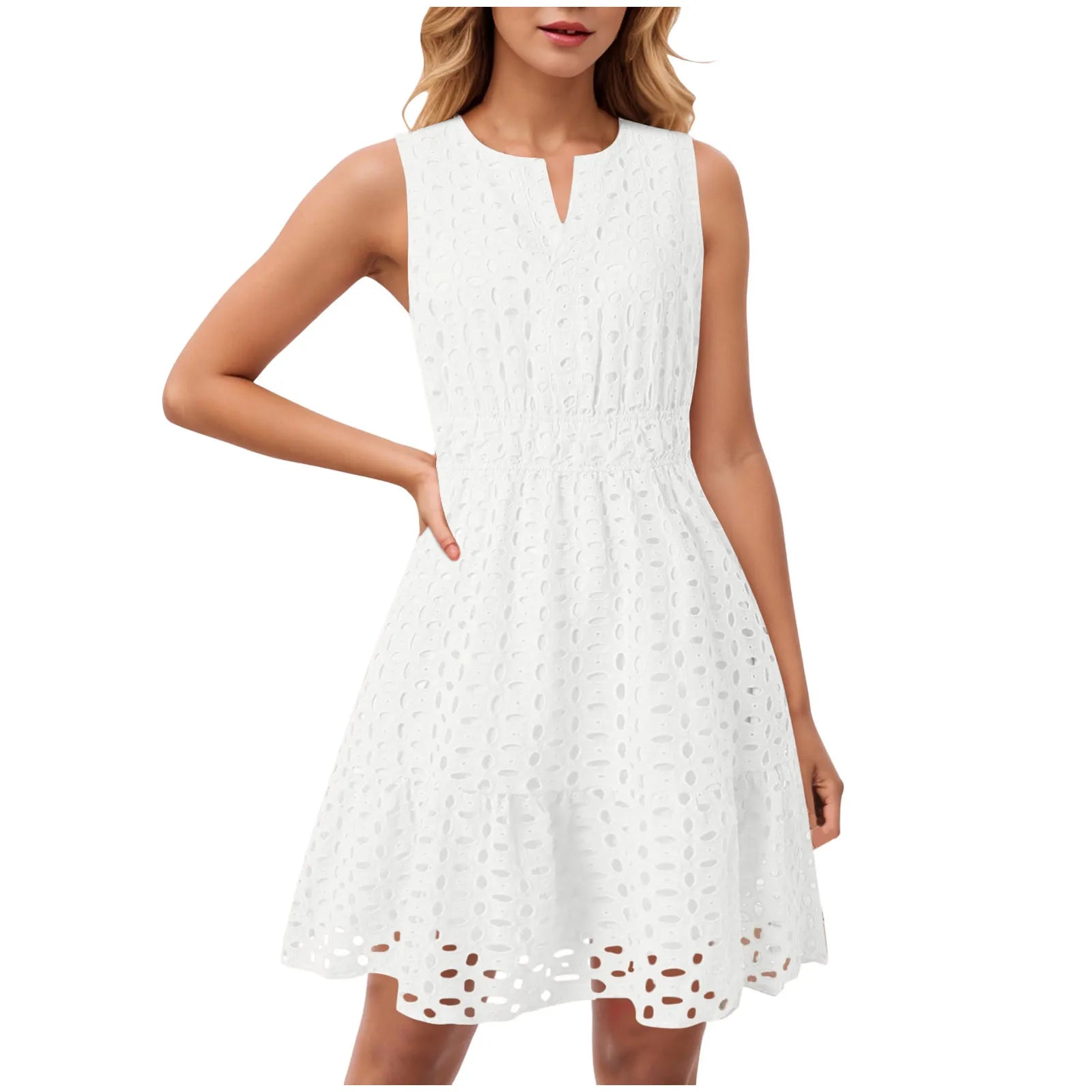 Dress Long Casual For Women Women Summer Sleeveless Dress V Neck Hollow Solid Color High Waist A Line Skirt New Years Outfits