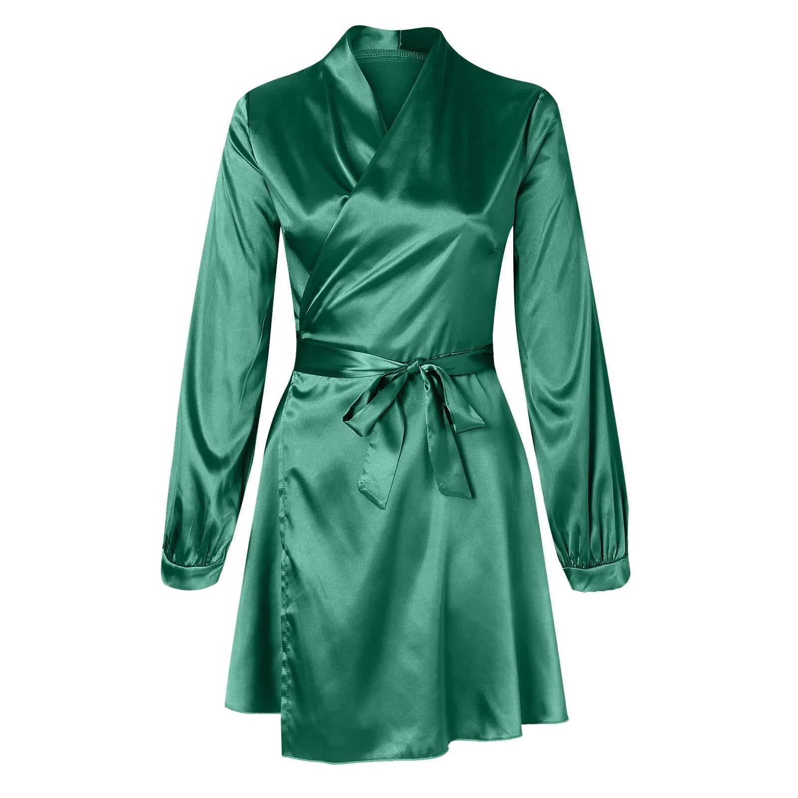Summer Trend Split Birthday Party Clubwear Long Sleeves V Neck Casual Flowy Dress Solid Color Satin Mini Dresses Vestidos Cortos
