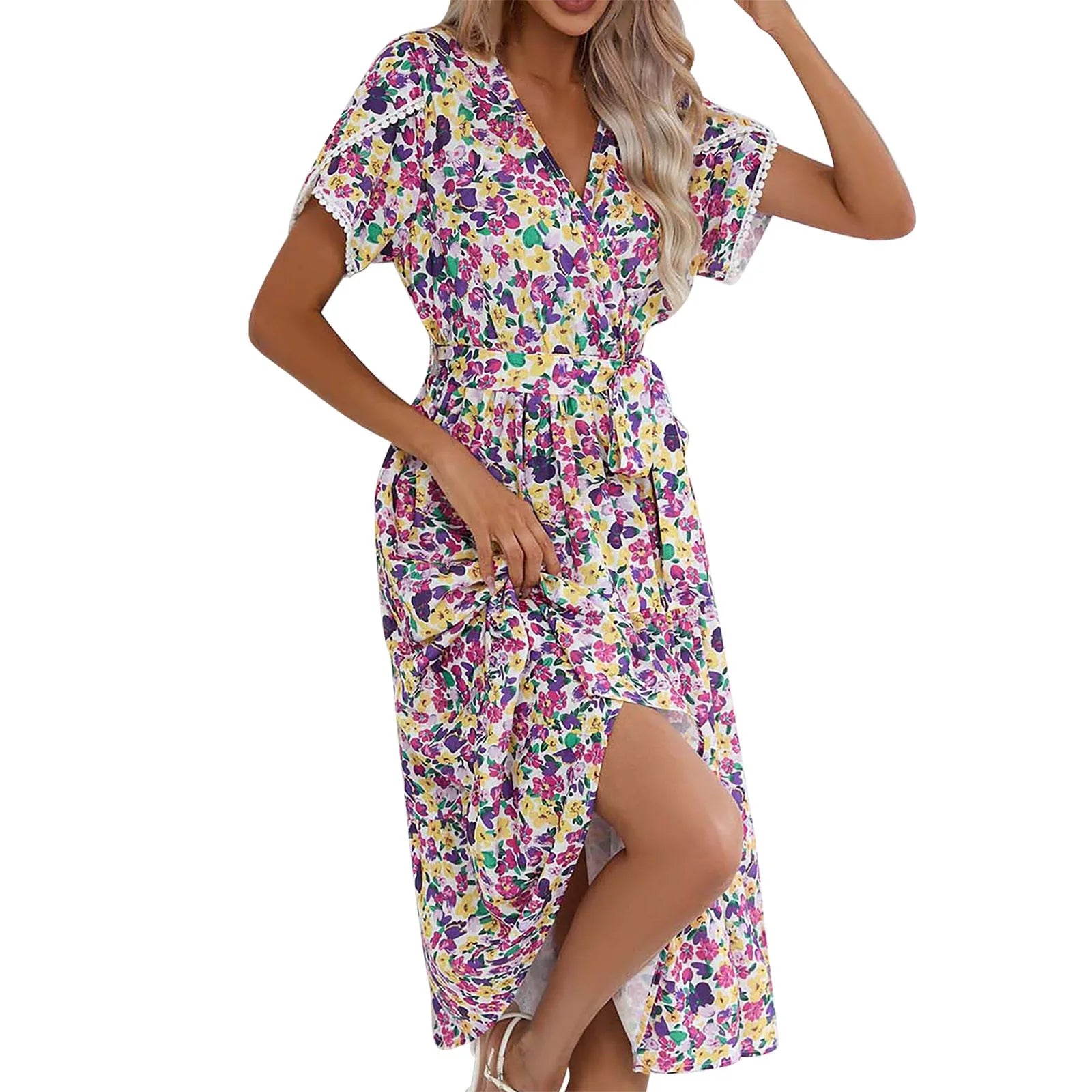 A Line Bohemian Ladies Dresses Summer Sale Floral V Neck Short Sleeve Belted Ruffle Hem Midi Dresses For Women Plus Size