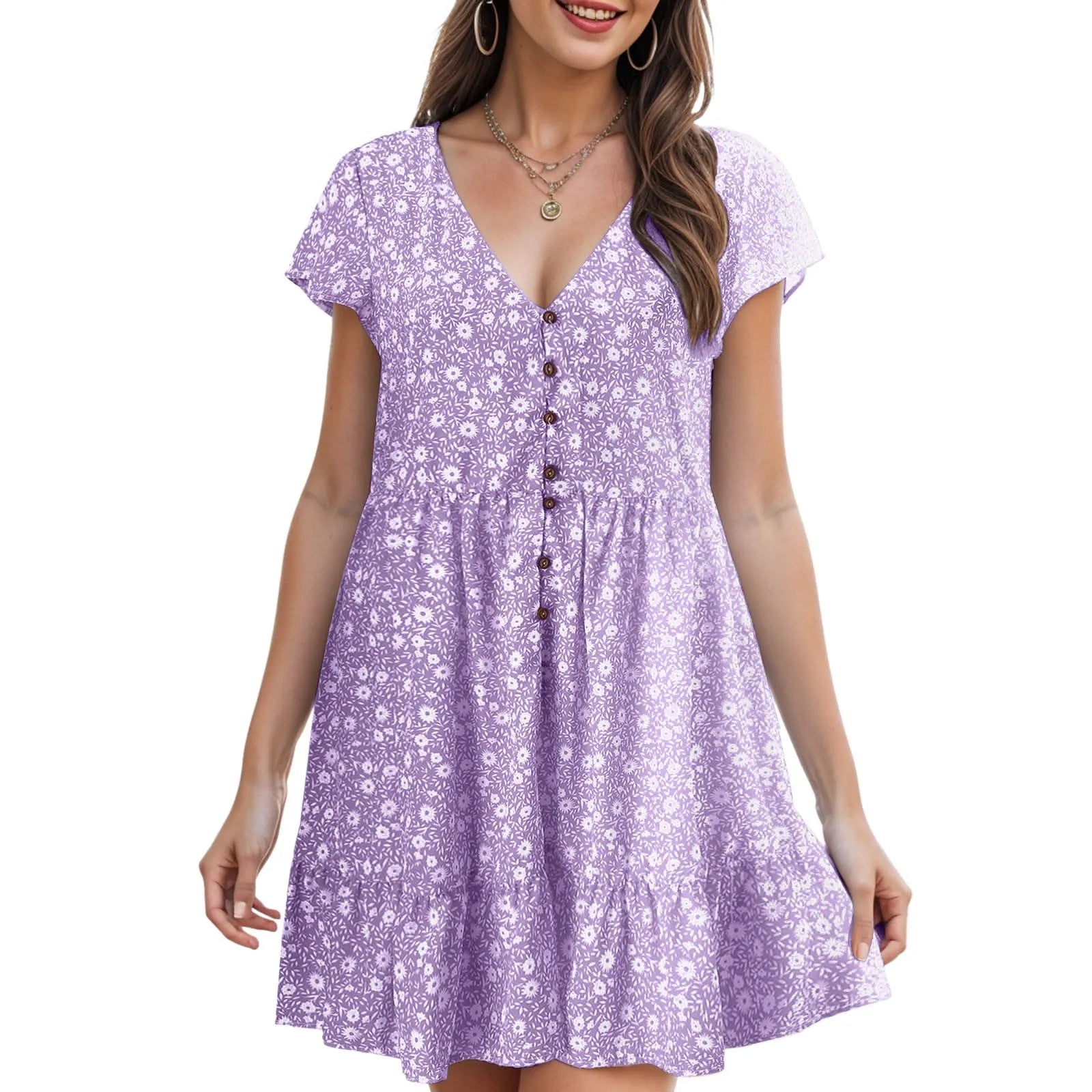 Summer Korean New Small Floral Dress Casual V Neck Button Dress For Women Short Sleeved Loose T Shirt Dresses Vestidos De Fiesta