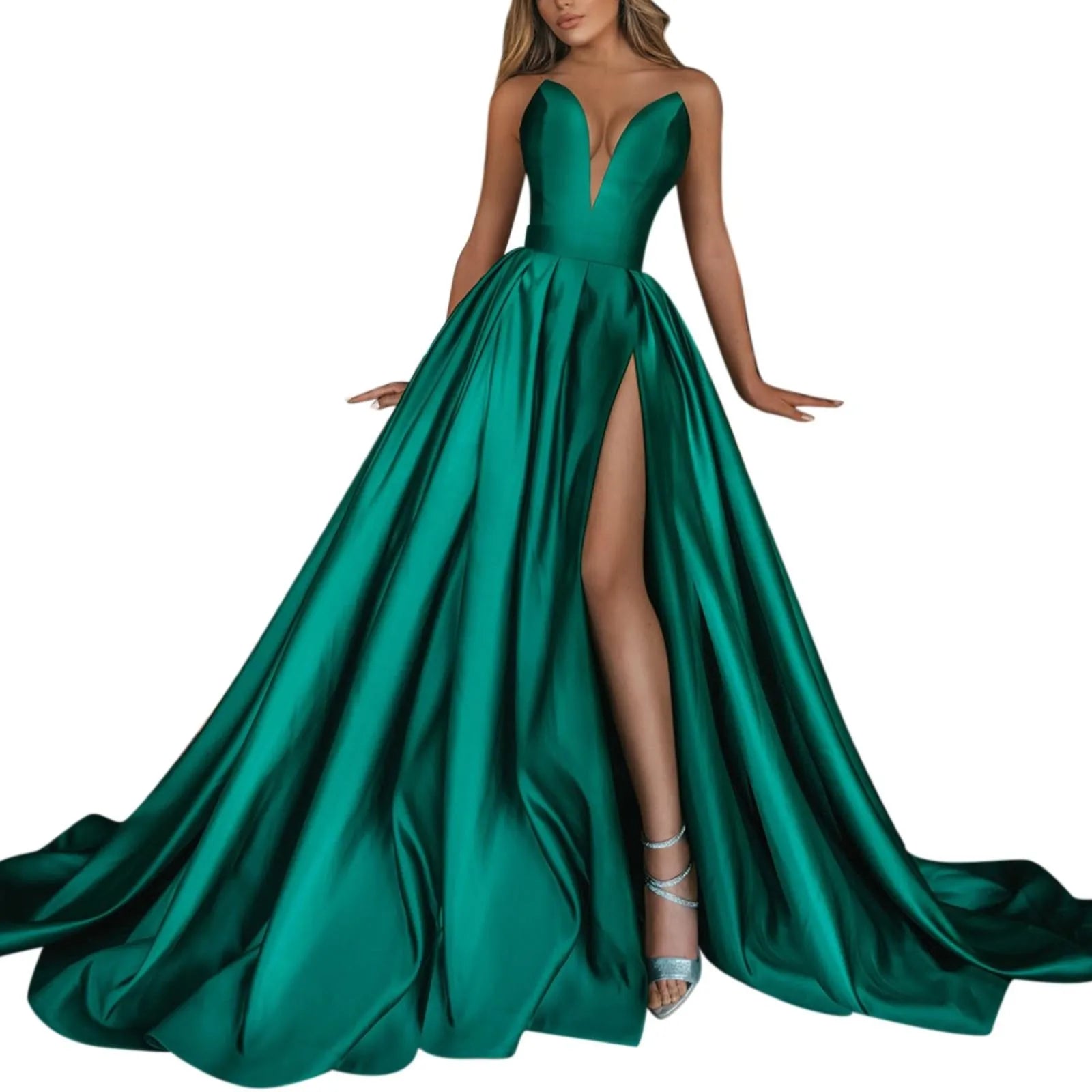 Satin Slip Strapless Prom Dresses Evening Gown Slim Elastic Waist Party Dress Elegant High Split Pleated Long Dresses Vestidos