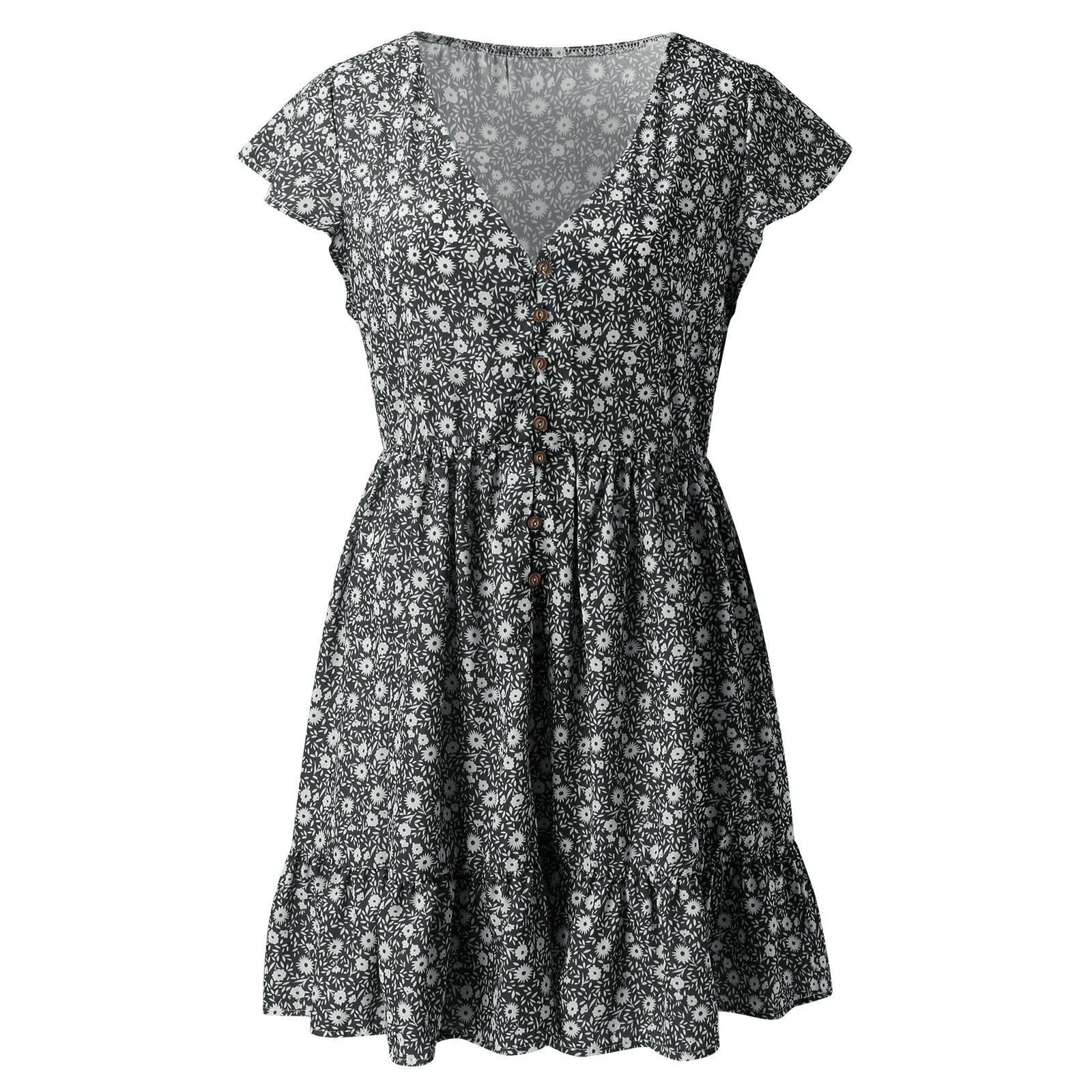 Summer Korean New Small Floral Dress Casual V Neck Button Dress For Women Short Sleeved Loose T Shirt Dresses Vestidos De Fiesta