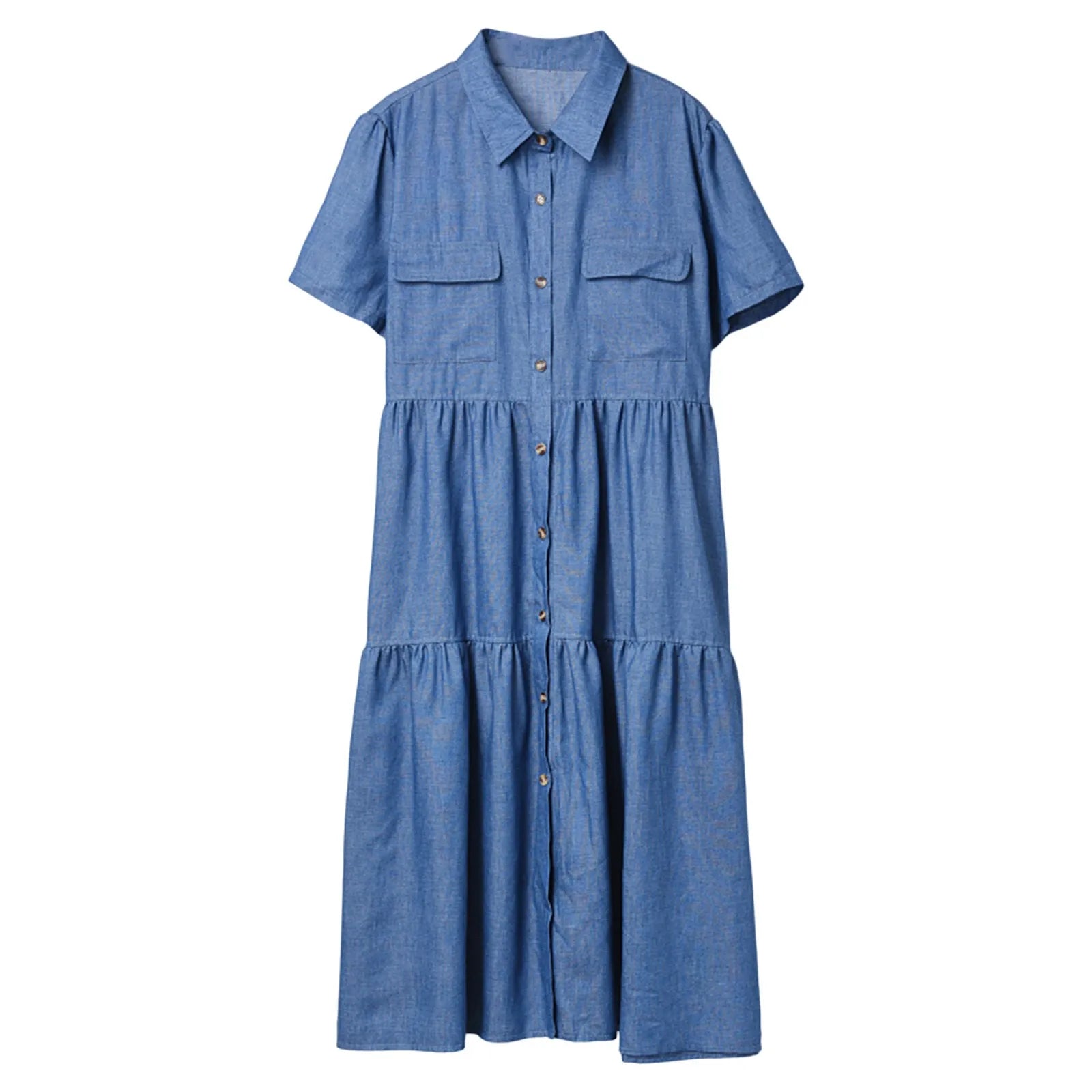 Casual Denim Dresses For Weddings As A Guest Formal Lengthen Solid Color Short Sleeves Dress With Pockets Turndown Collar Dress