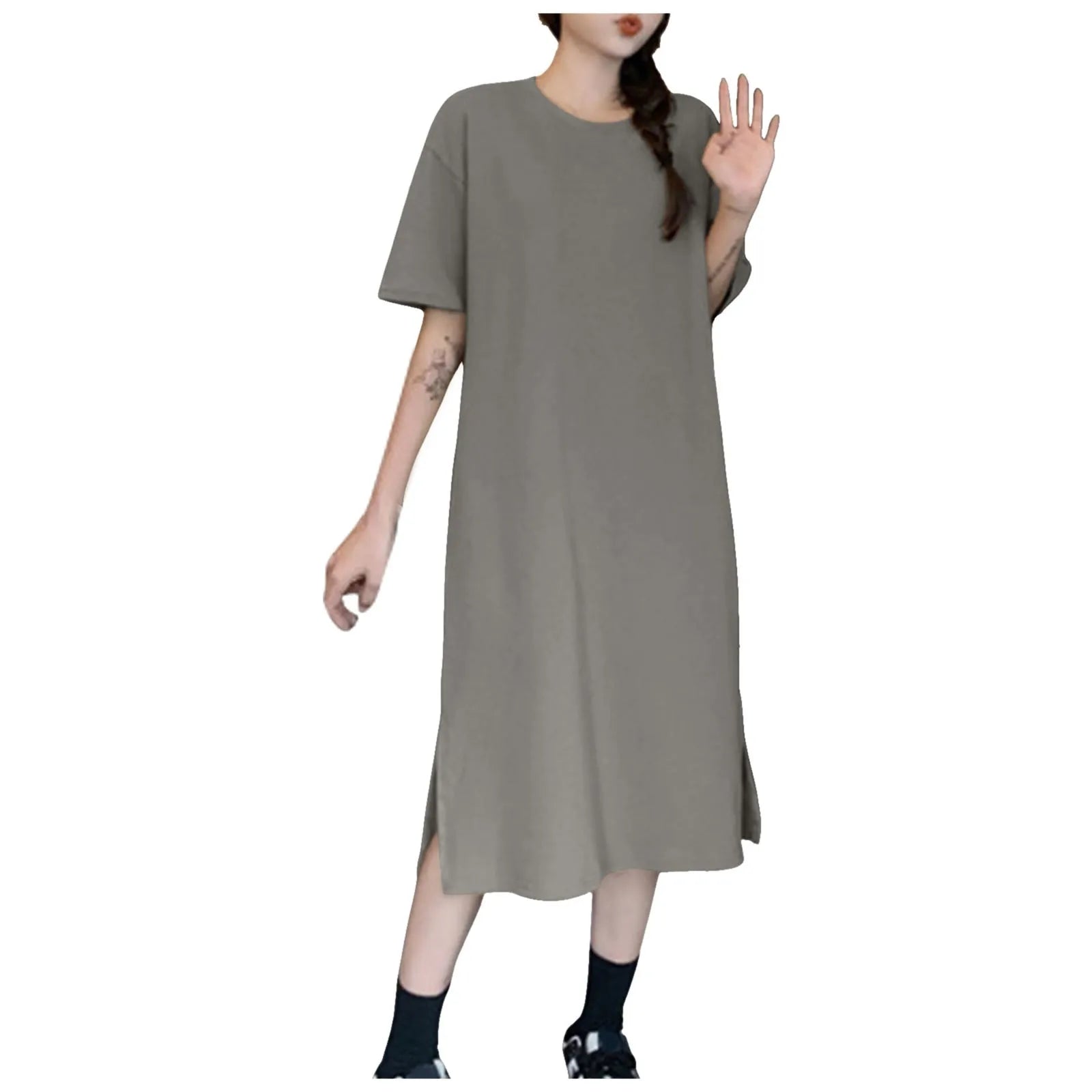 Summer New Loose Solid Color Dress Large Size Short Sleeved Casual Soft Dresses For Women Over The Knee Slit T Shirt Dress 원피스
