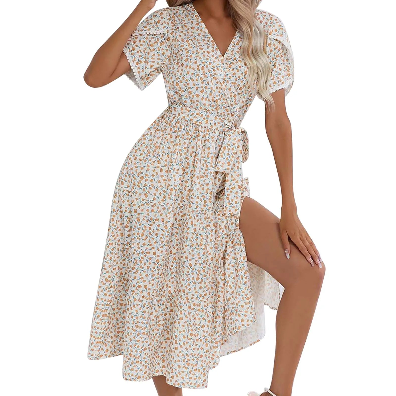 A Line Bohemian Ladies Dresses Summer Sale Floral V Neck Short Sleeve Belted Ruffle Hem Midi Dresses For Women Plus Size