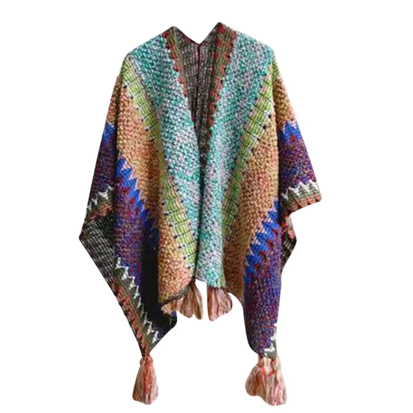 Multifunction Blanket Scarf Wrap Shawl Winter Warm Ethnic Style Shawl Tassel Cardigan Colorful Loose Retro Style Knitted Cape