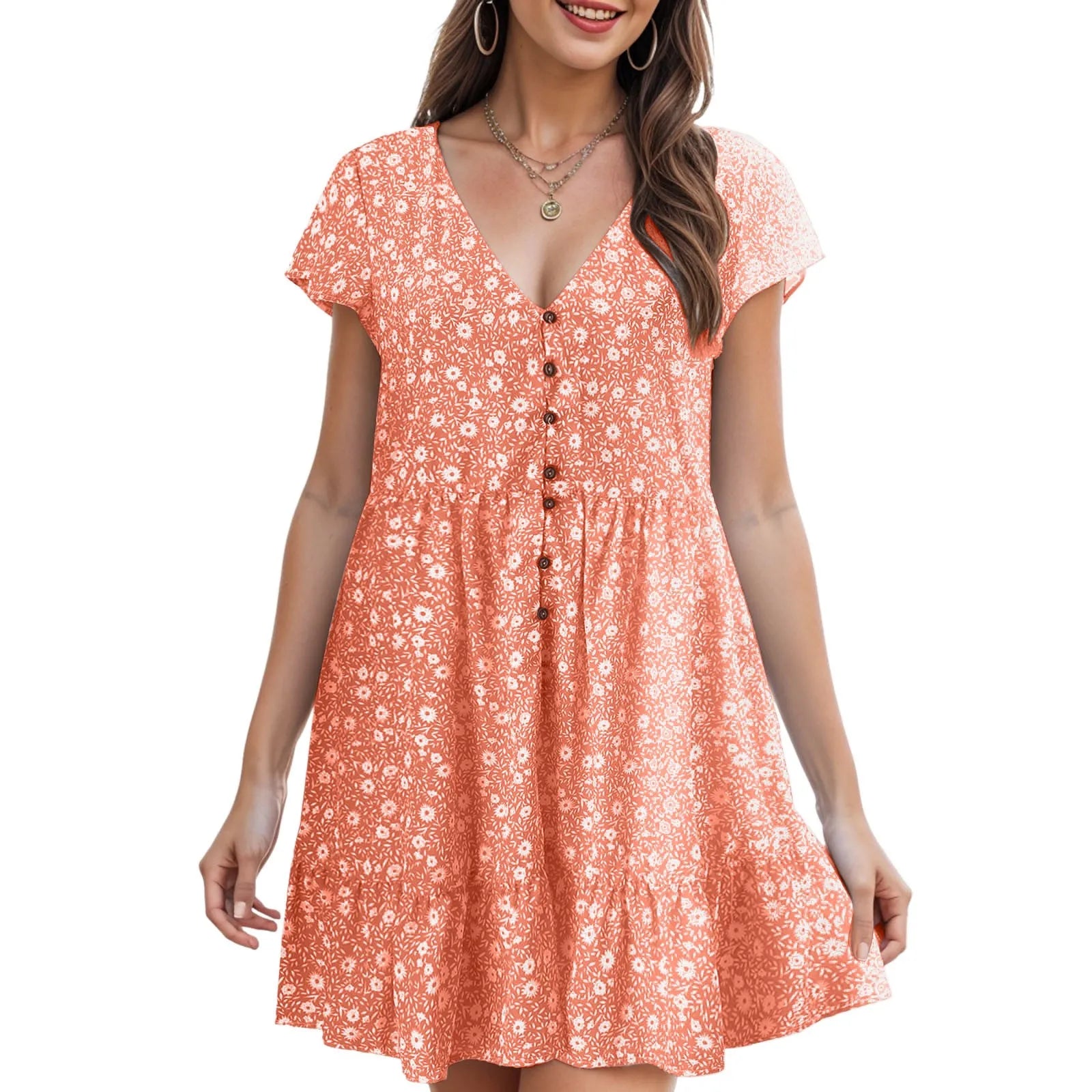 Summer Korean New Small Floral Dress Casual V Neck Button Dress For Women Short Sleeved Loose T Shirt Dresses Vestidos De Fiesta