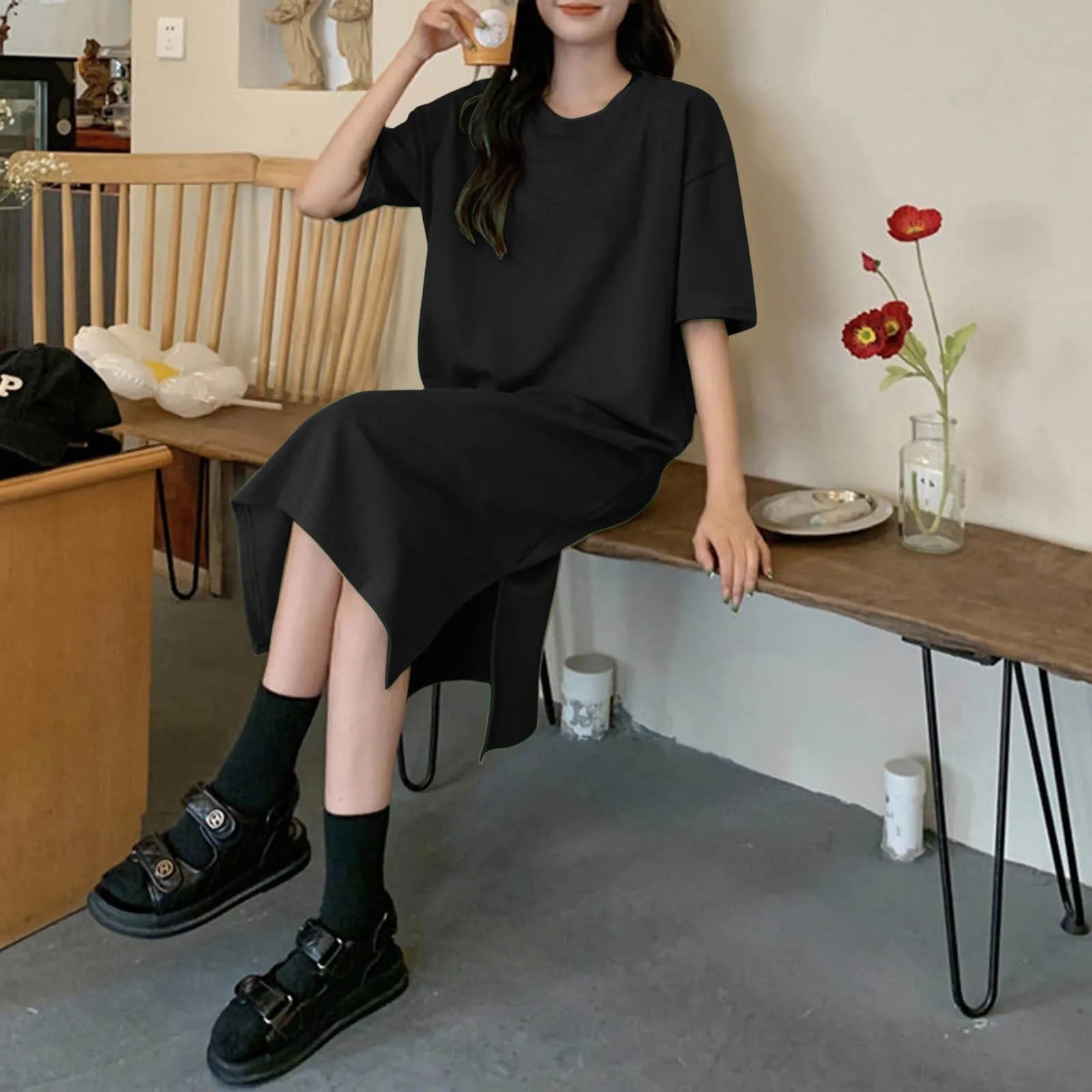 Summer New Loose Solid Color Dress Large Size Short Sleeved Casual Soft Dresses For Women Over The Knee Slit T Shirt Dress 원피스