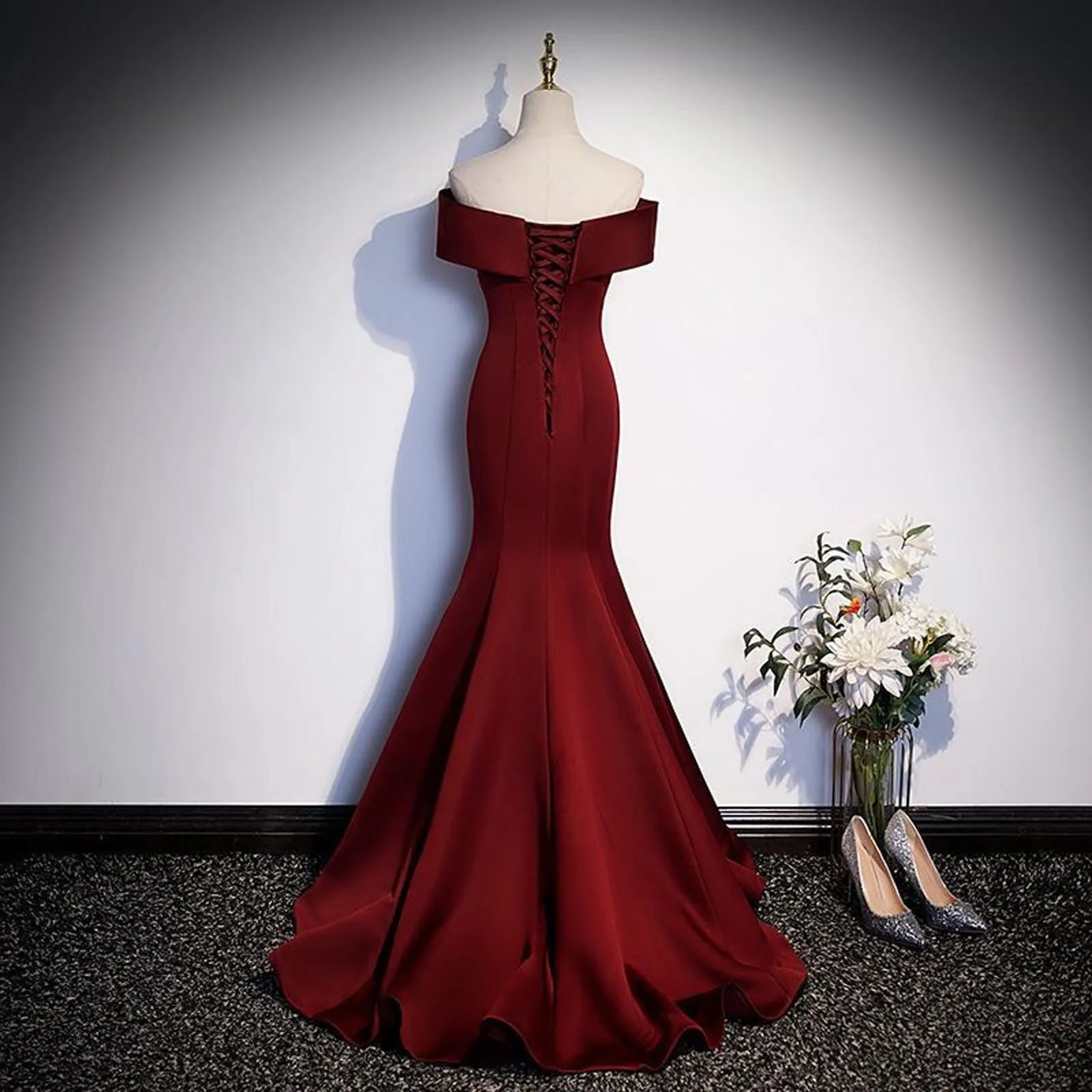 One Shoulder Trumpet Long Dresses Wine Red Evening Gown Dress Back Big Bow Light Gauze Wedding Dress For Women Vestido Feminino
