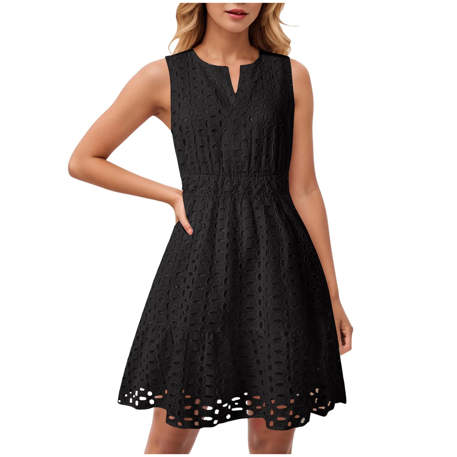 Dress Long Casual For Women Women Summer Sleeveless Dress V Neck Hollow Solid Color High Waist A Line Skirt New Years Outfits