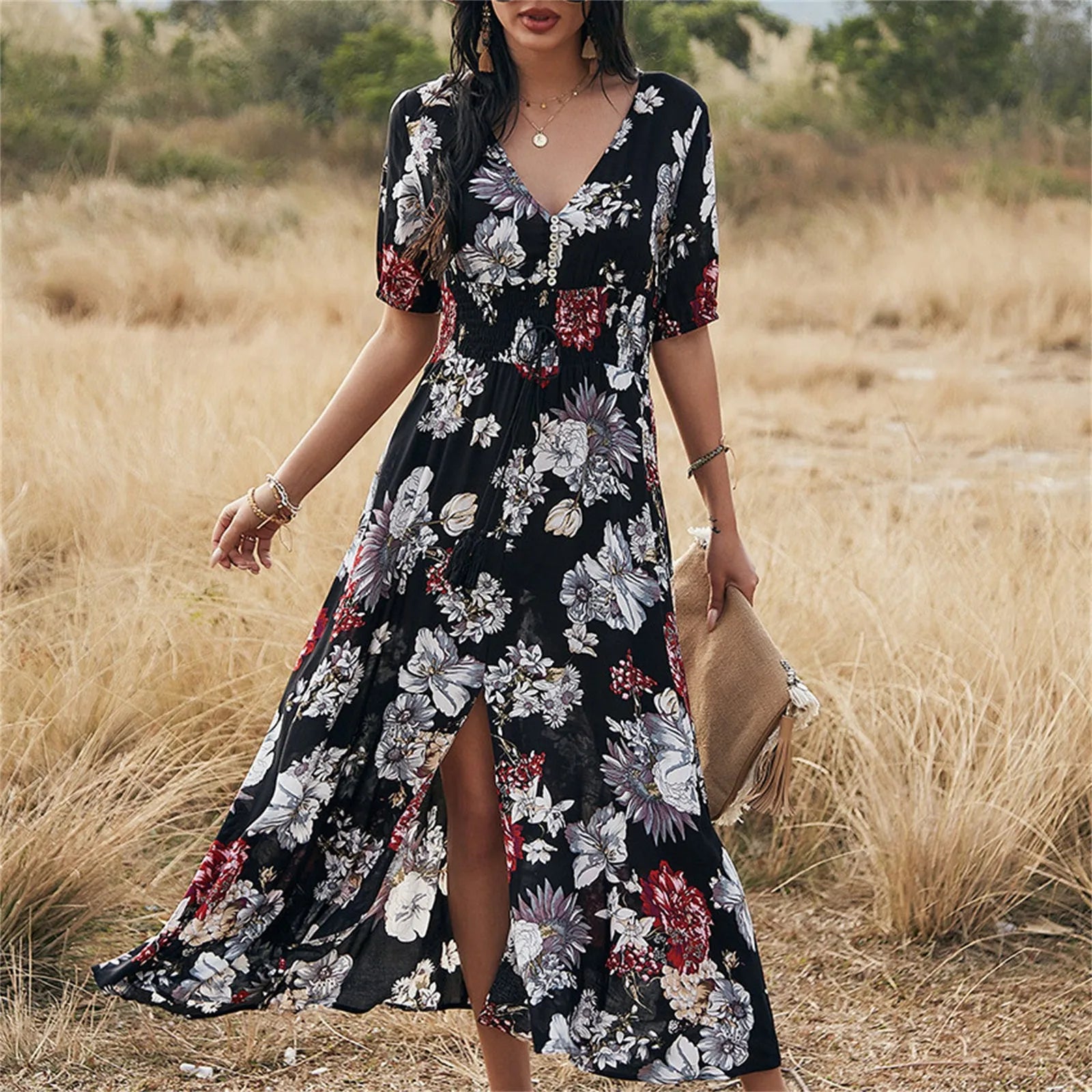 Floral Printing V Neck Holiday Style Dress Formal Dresses For Wedding Guest Side High Slit Middle Sleeves Long Dresses платье