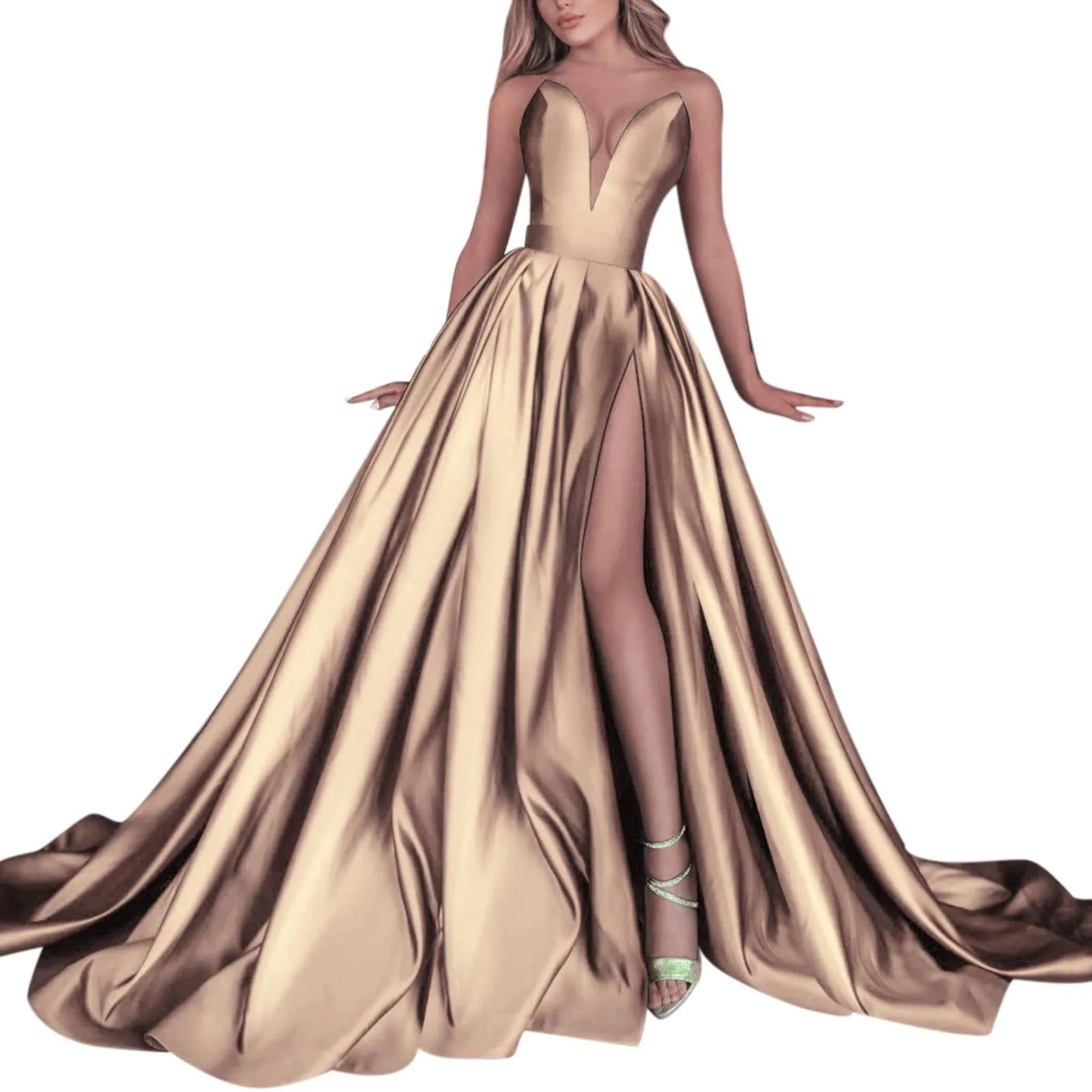 Satin Slip Strapless Prom Dresses Evening Gown Slim Elastic Waist Party Dress Elegant High Split Pleated Long Dresses Vestidos