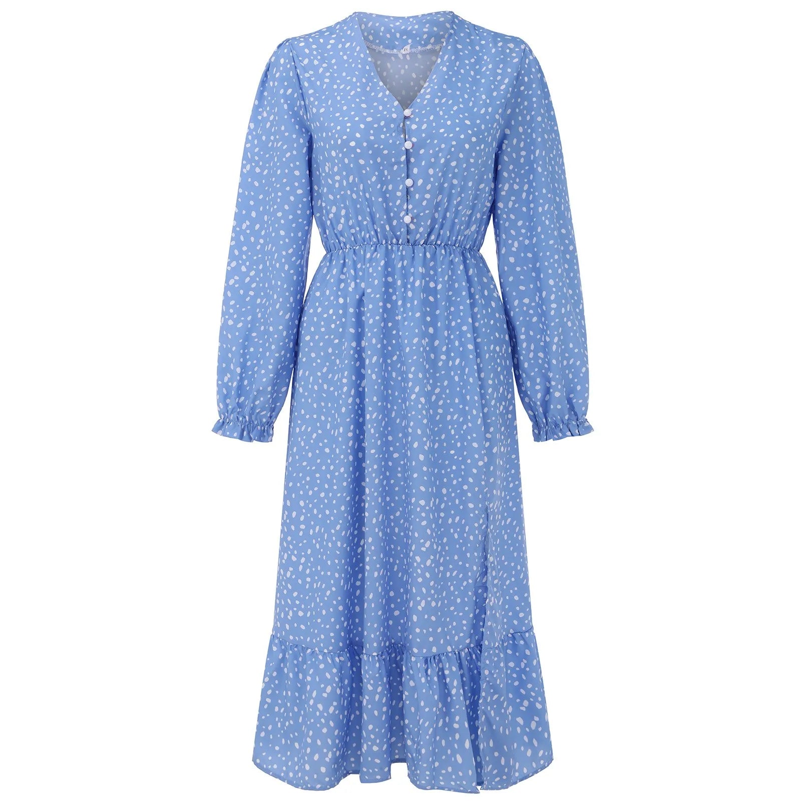 Dresses Ladies Elegant Ruffle Long Sleeve Polka Dot V Neck Button Chiffon Dresses Boho A Line Long Dresses Woman'S Dresses