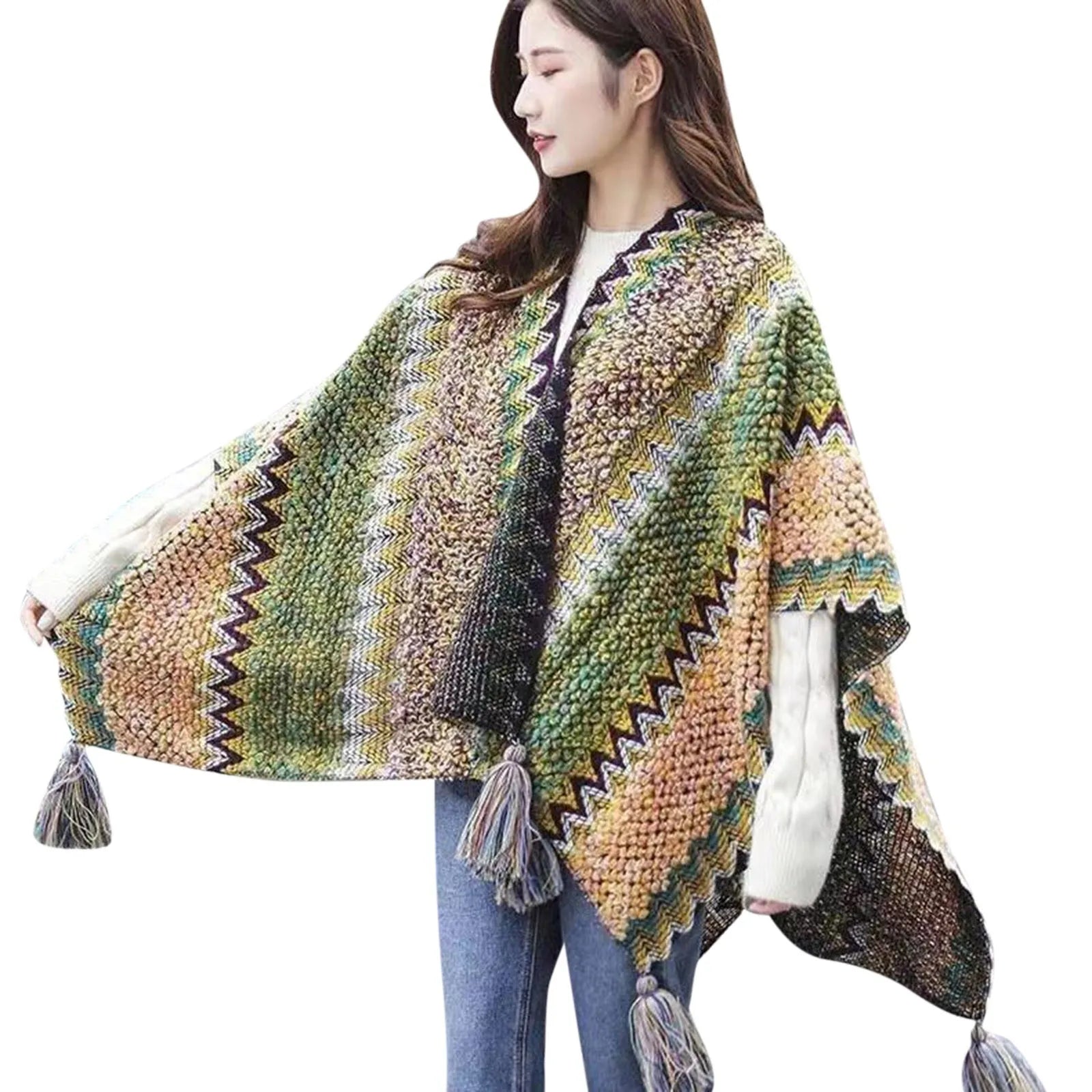 Multifunction Blanket Scarf Wrap Shawl Winter Warm Ethnic Style Shawl Tassel Cardigan Colorful Loose Retro Style Knitted Cape