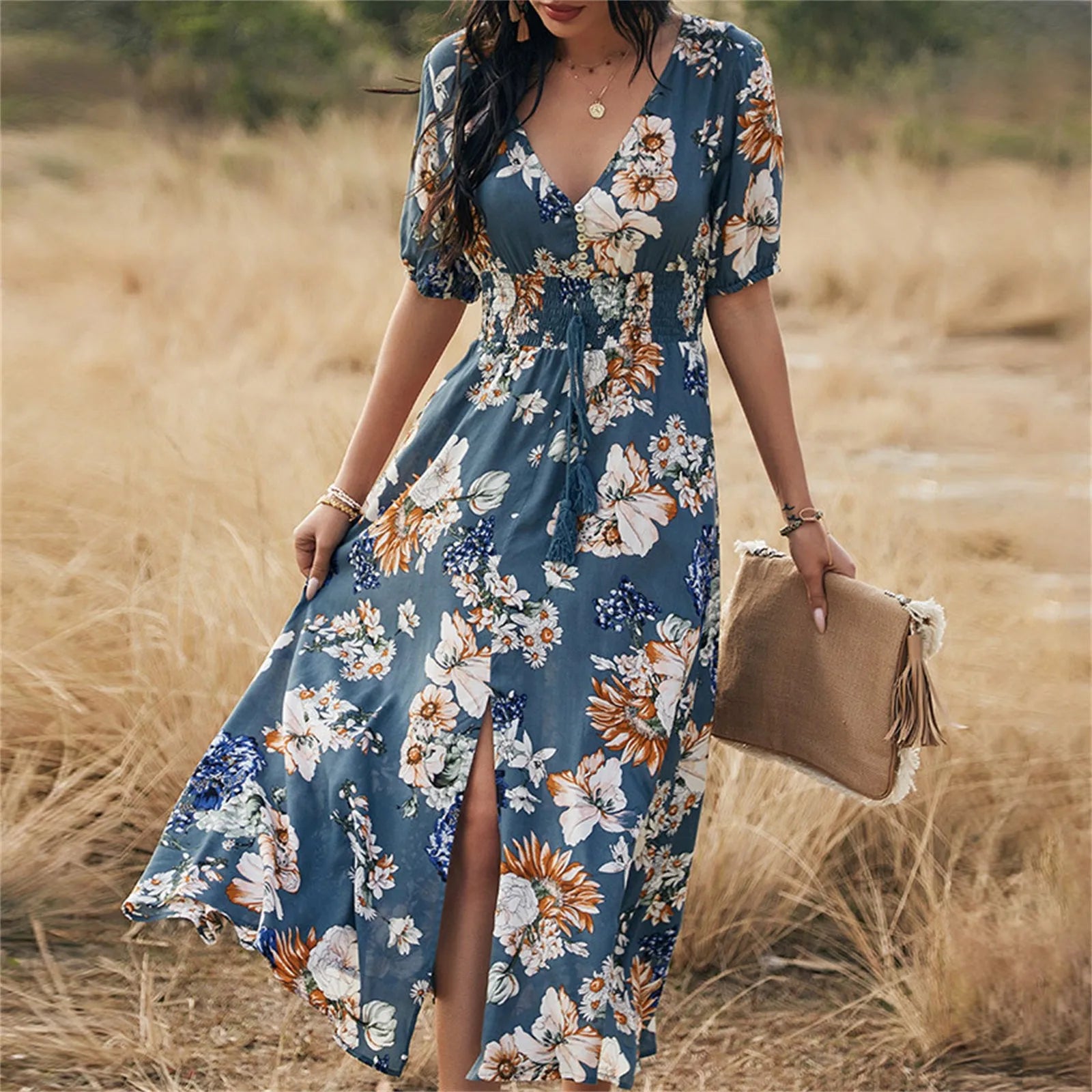Floral Printing V Neck Holiday Style Dress Formal Dresses For Wedding Guest Side High Slit Middle Sleeves Long Dresses платье