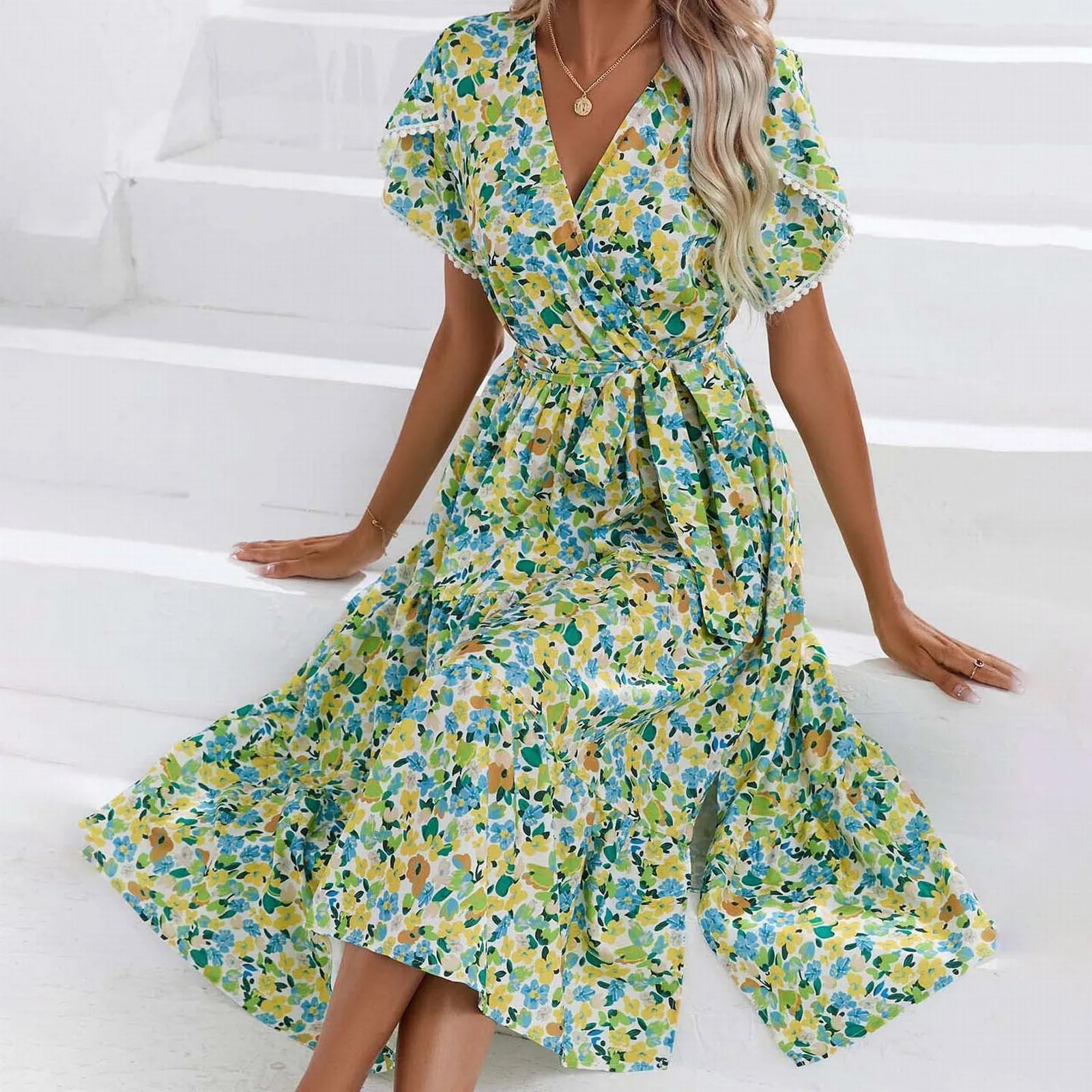 A Line Bohemian Ladies Dresses Summer Sale Floral V Neck Short Sleeve Belted Ruffle Hem Midi Dresses For Women Plus Size