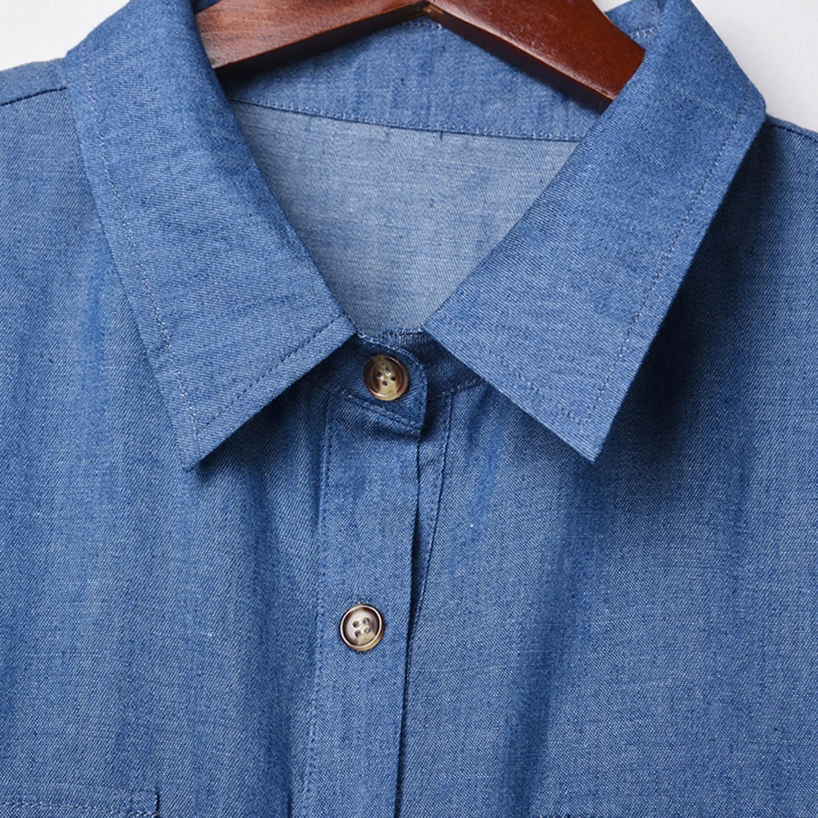 Casual Denim Dresses For Weddings As A Guest Formal Lengthen Solid Color Short Sleeves Dress With Pockets Turndown Collar Dress