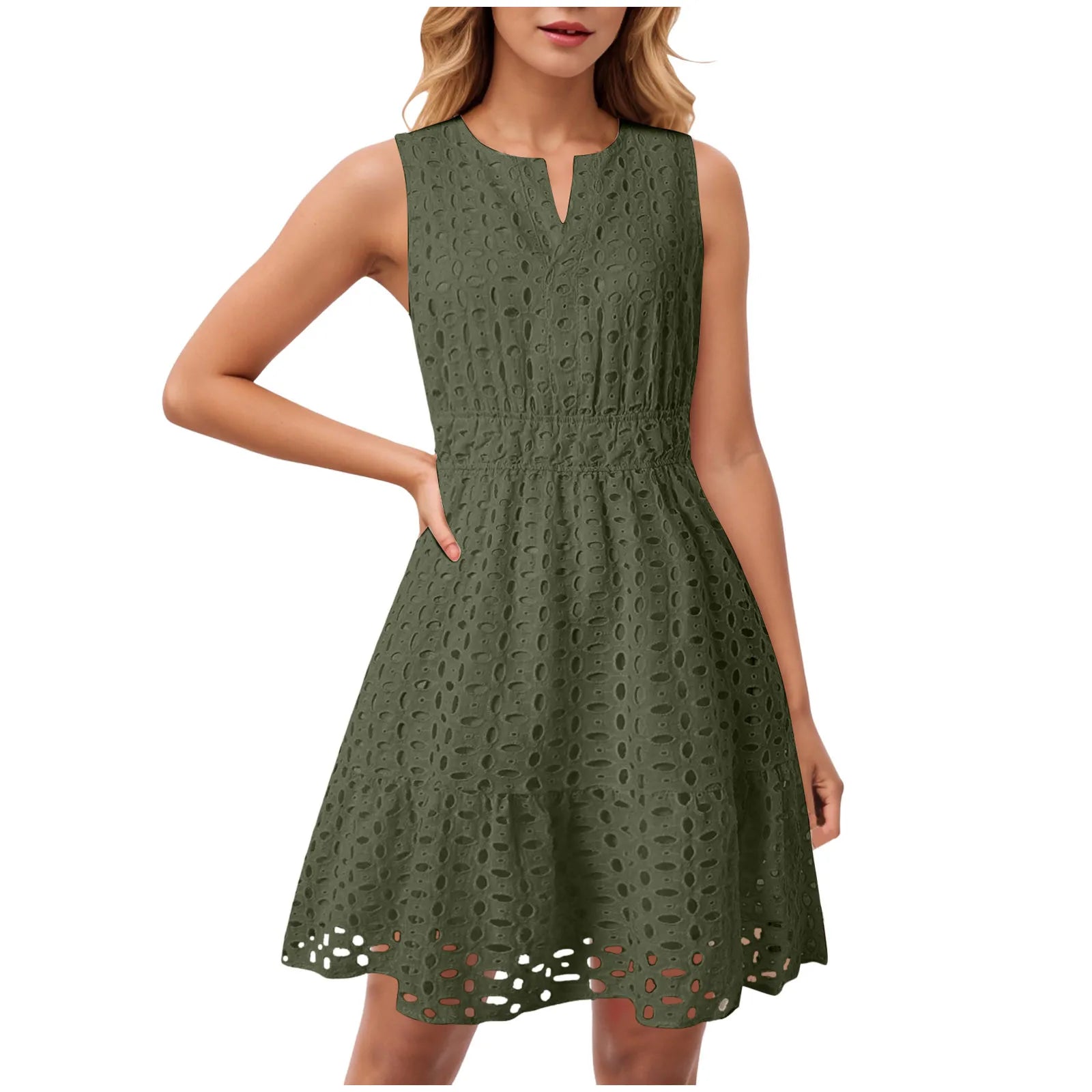 Dress Long Casual For Women Women Summer Sleeveless Dress V Neck Hollow Solid Color High Waist A Line Skirt New Years Outfits