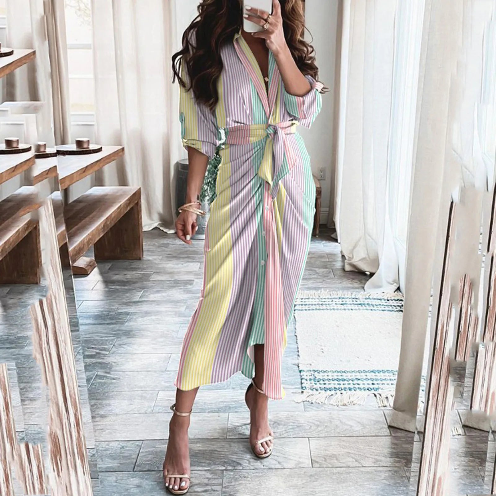 Beach Style Print Long Dress With Belted Waist And Single Breasted Long Sleeves Dresses For Women 2023 Casual летнее платье