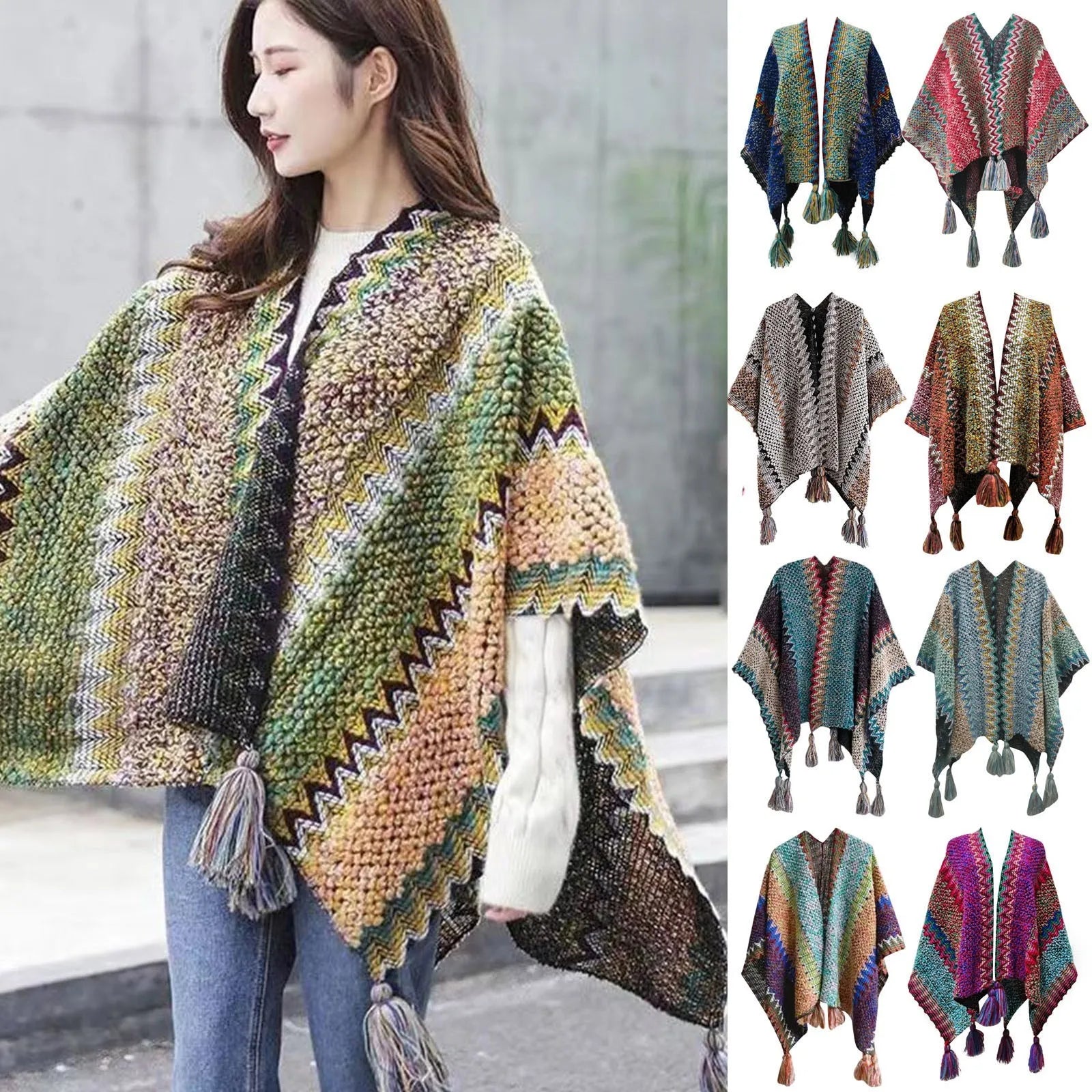 Multifunction Blanket Scarf Wrap Shawl Winter Warm Ethnic Style Shawl Tassel Cardigan Colorful Loose Retro Style Knitted Cape