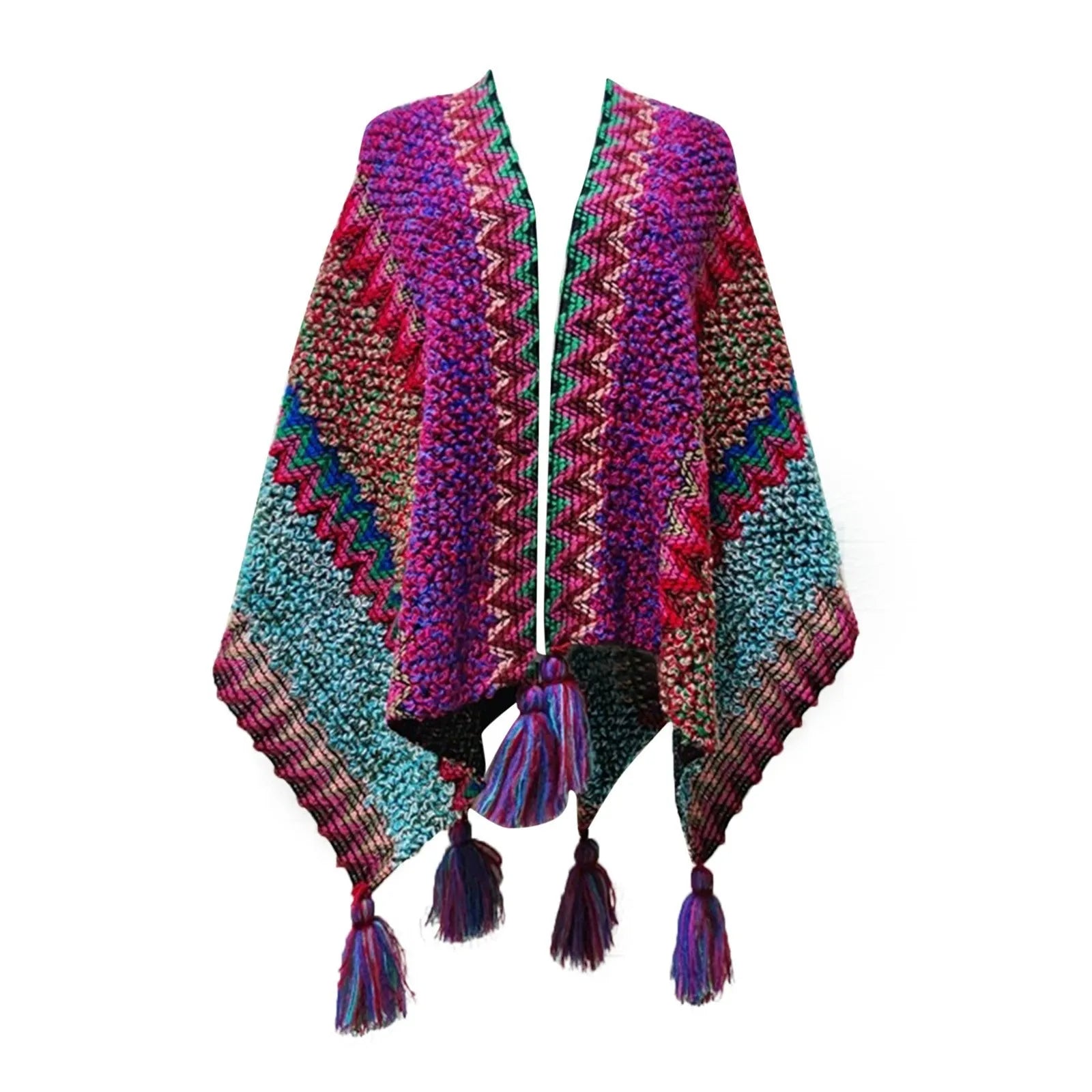 Multifunction Blanket Scarf Wrap Shawl Winter Warm Ethnic Style Shawl Tassel Cardigan Colorful Loose Retro Style Knitted Cape