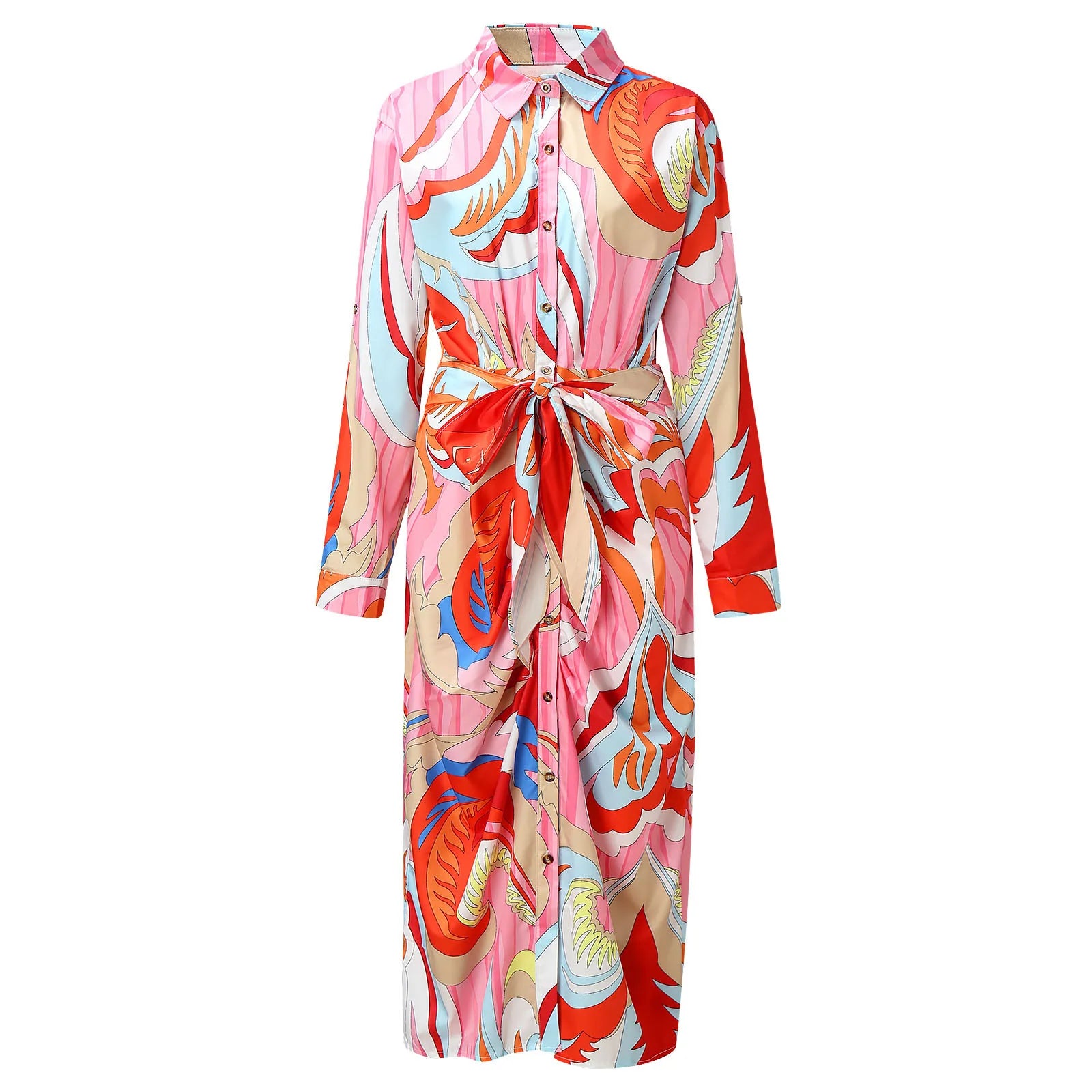 Beach Style Print Long Dress With Belted Waist And Single Breasted Long Sleeves Dresses For Women 2023 Casual летнее платье