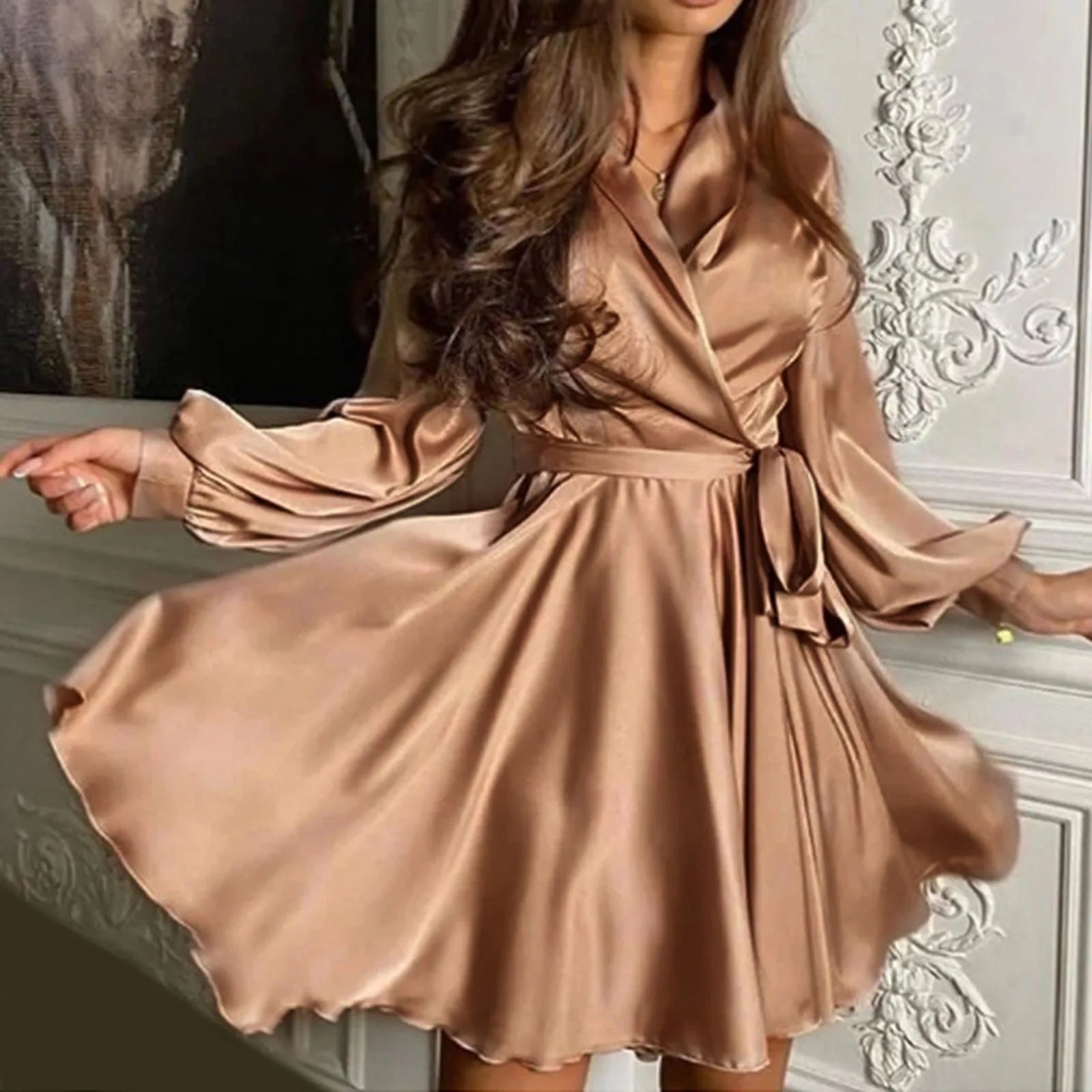 Summer Trend Split Birthday Party Clubwear Long Sleeves V Neck Casual Flowy Dress Solid Color Satin Mini Dresses Vestidos Cortos