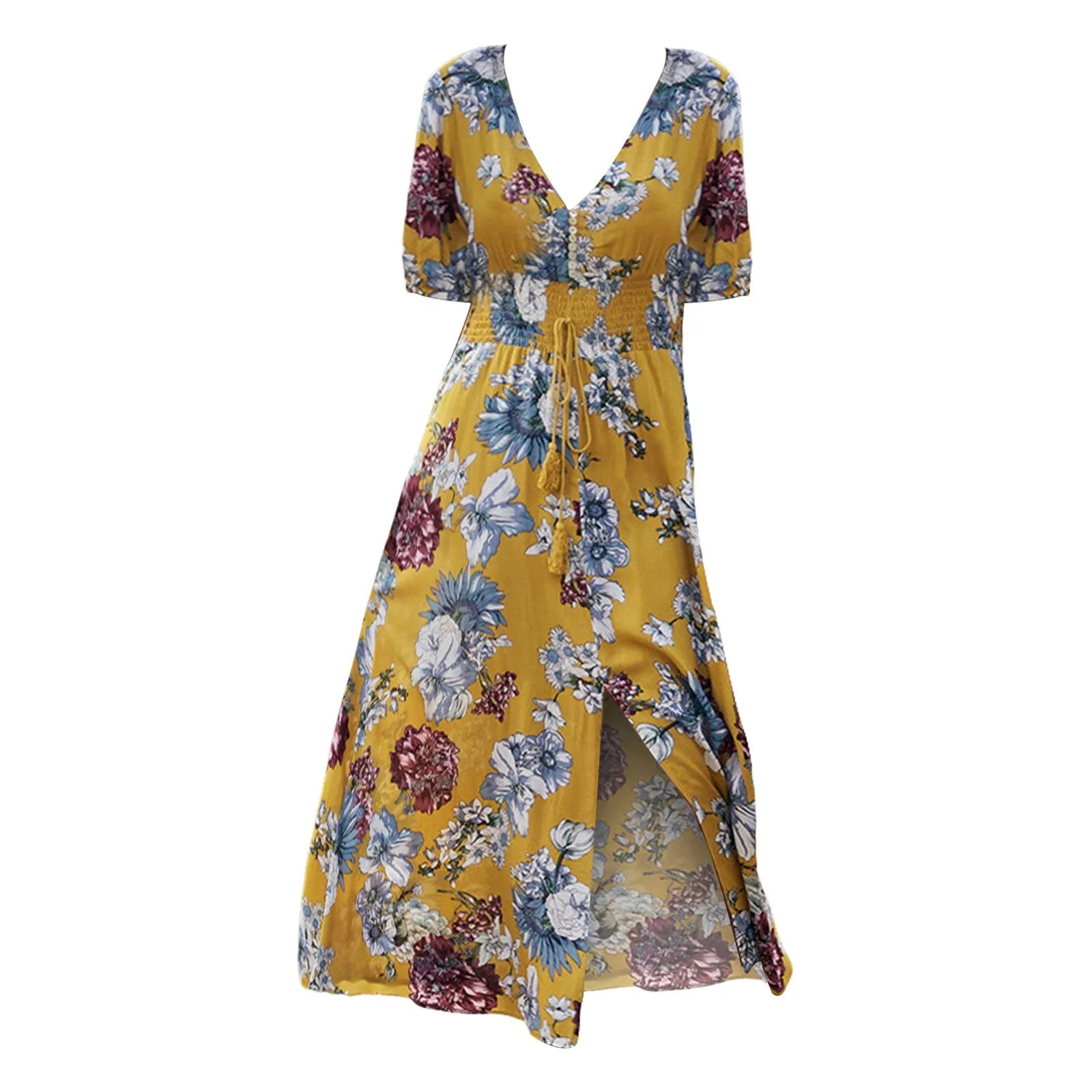 Floral Printing V Neck Holiday Style Dress Formal Dresses For Wedding Guest Side High Slit Middle Sleeves Long Dresses платье