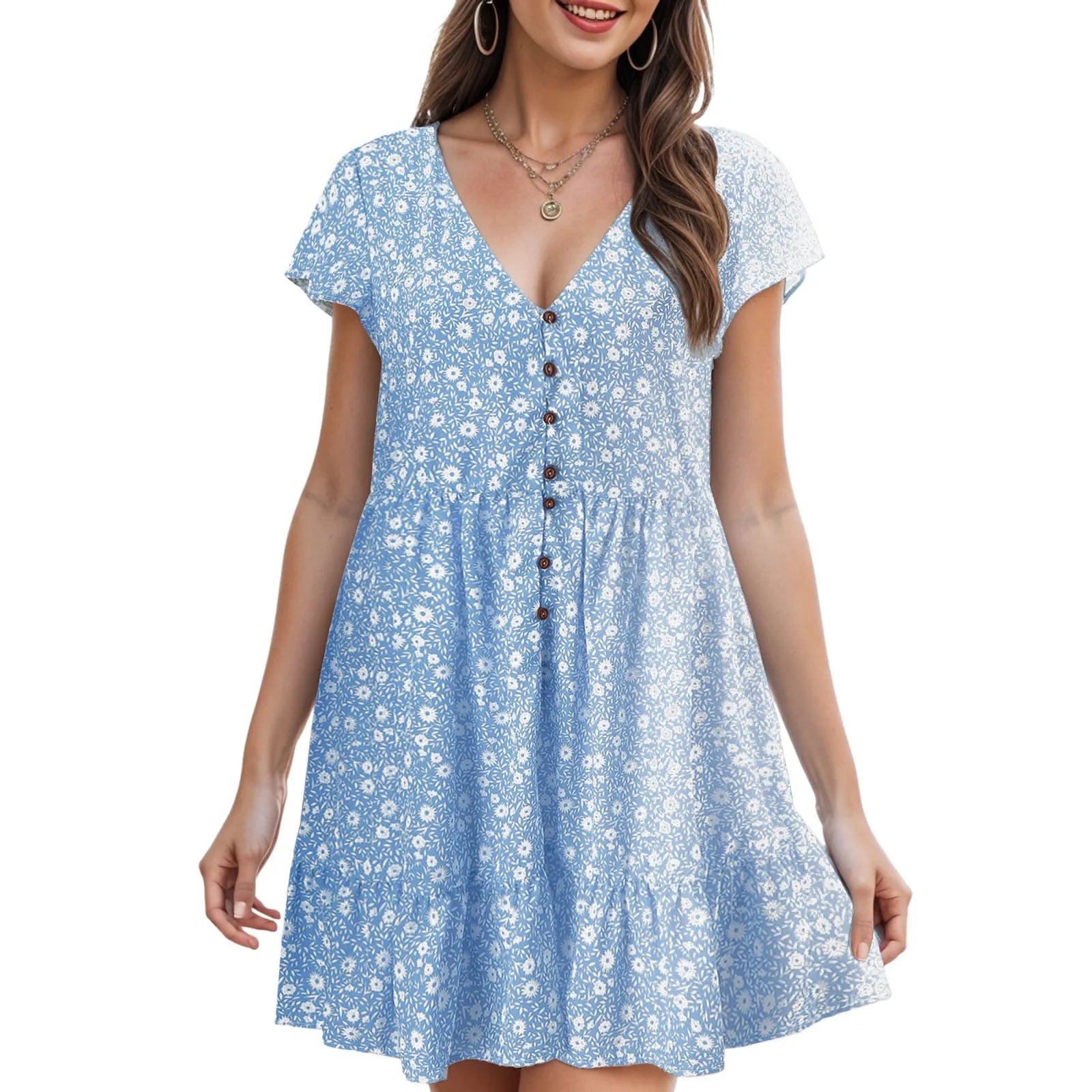 Summer Korean New Small Floral Dress Casual V Neck Button Dress For Women Short Sleeved Loose T Shirt Dresses Vestidos De Fiesta