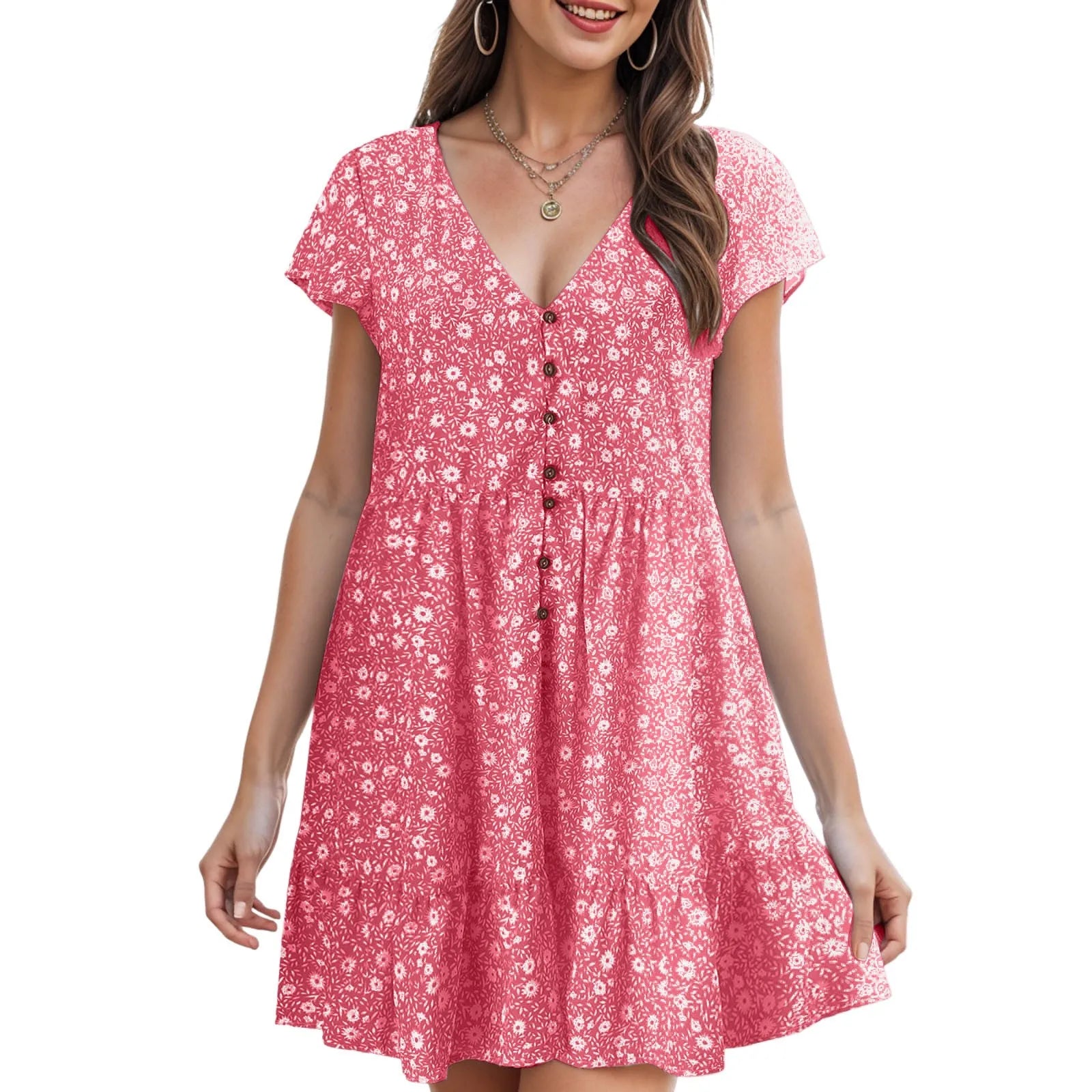 Summer Korean New Small Floral Dress Casual V Neck Button Dress For Women Short Sleeved Loose T Shirt Dresses Vestidos De Fiesta