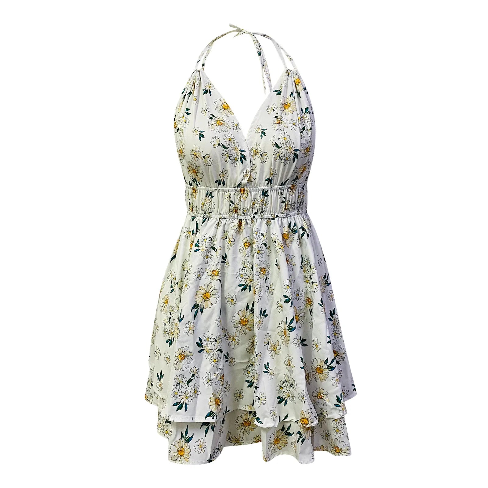 Casual Maxi Dresses For Women Summer V-Neck Fashion Mini Pleated Ruffles Beach Sleeveless Casual Below Knee Dresses For Women