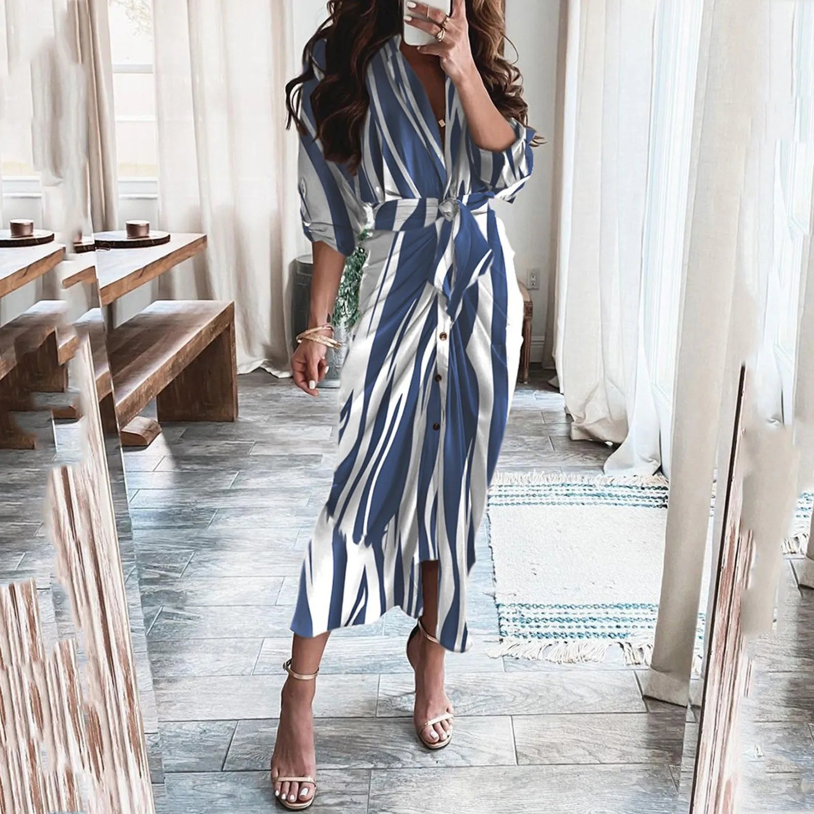 Beach Style Print Long Dress With Belted Waist And Single Breasted Long Sleeves Dresses For Women 2023 Casual летнее платье