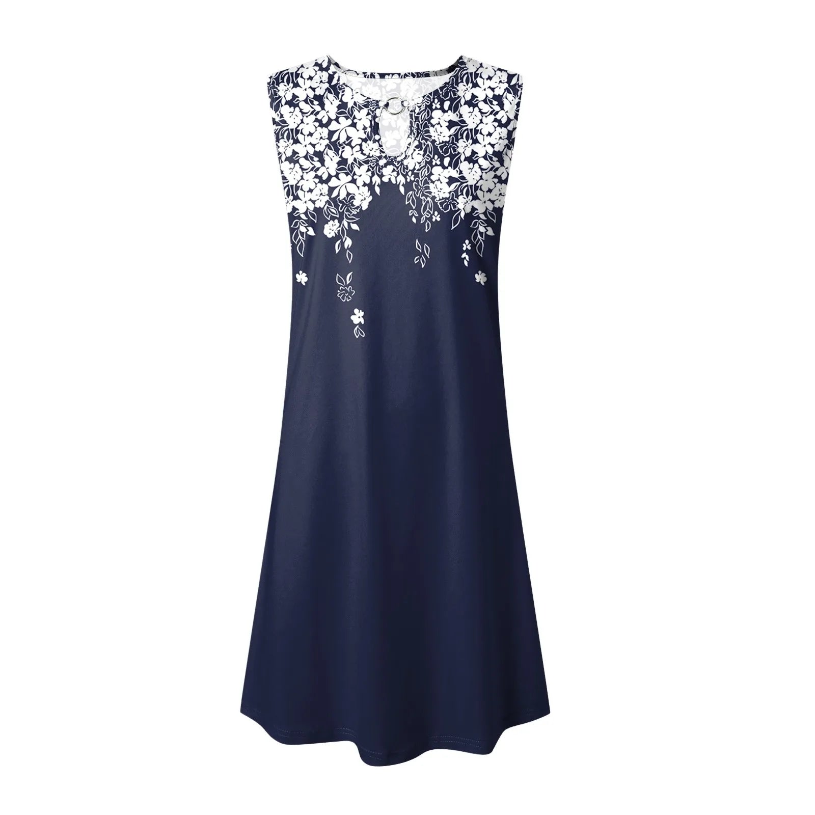 Vintage Floral Pattern Dresses For Juniors Loop Sleeveless Round Neck Beach Dress Womens Collar Buckle A Line Dresses Vestidos