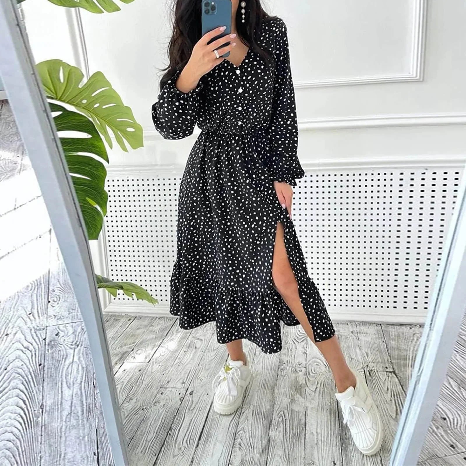 Dresses Ladies Elegant Ruffle Long Sleeve Polka Dot V Neck Button Chiffon Dresses Boho A Line Long Dresses Woman'S Dresses