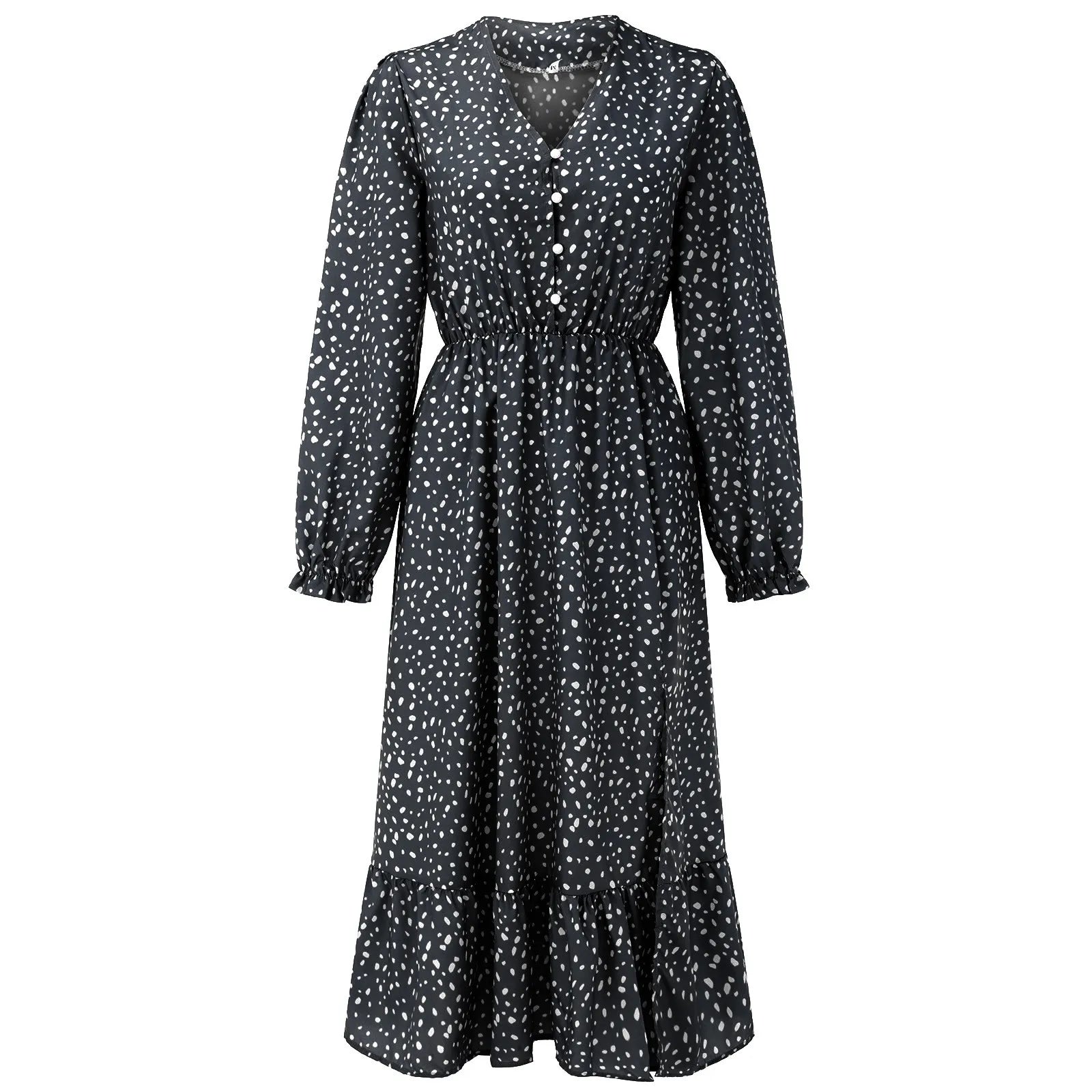 Dresses Ladies Elegant Ruffle Long Sleeve Polka Dot V Neck Button Chiffon Dresses Boho A Line Long Dresses Woman'S Dresses