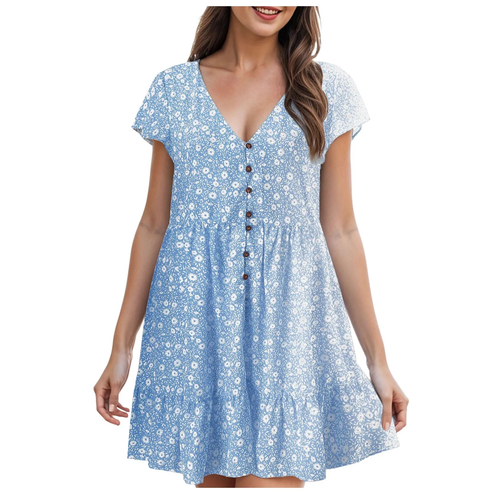 Summer Korean New Small Floral Dress Casual V Neck Button Dress For Women Short Sleeved Loose T Shirt Dresses Vestidos De Fiesta
