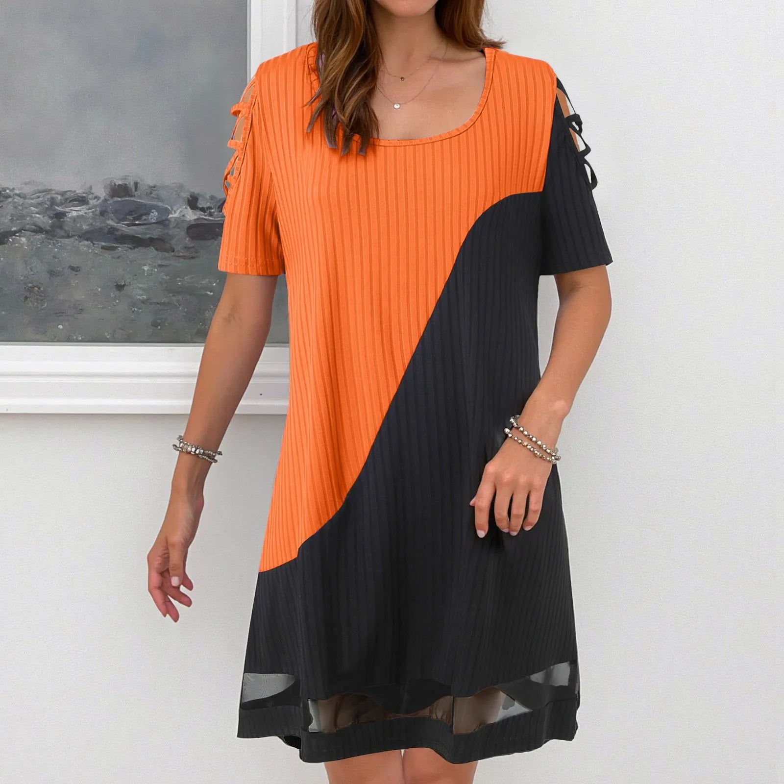 Dresses For Small Women Ladies Temperament Color Blocked Hollow Mesh Mesh Contrasting Formal Dresses For Women Short Length