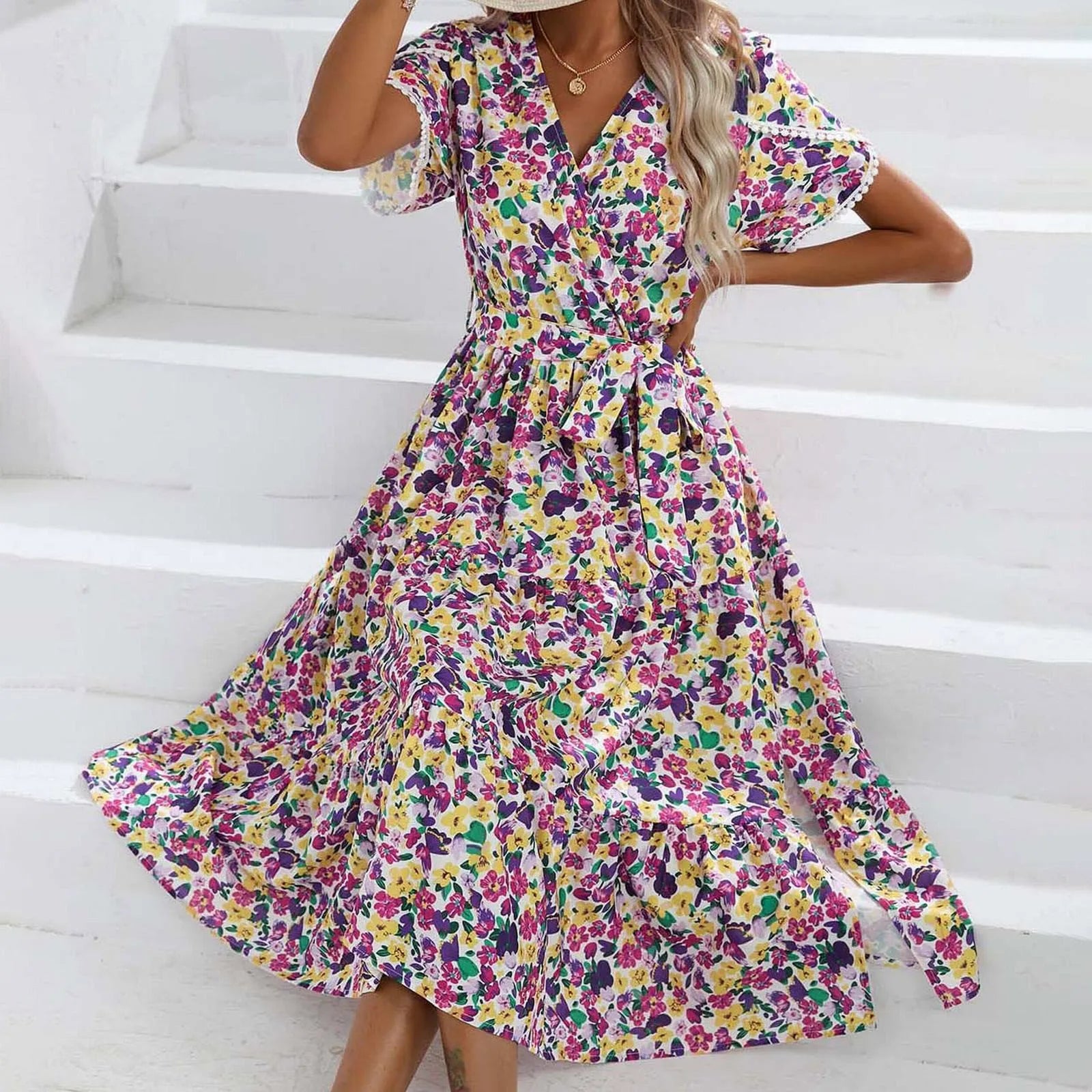 A Line Bohemian Ladies Dresses Summer Sale Floral V Neck Short Sleeve Belted Ruffle Hem Midi Dresses For Women Plus Size