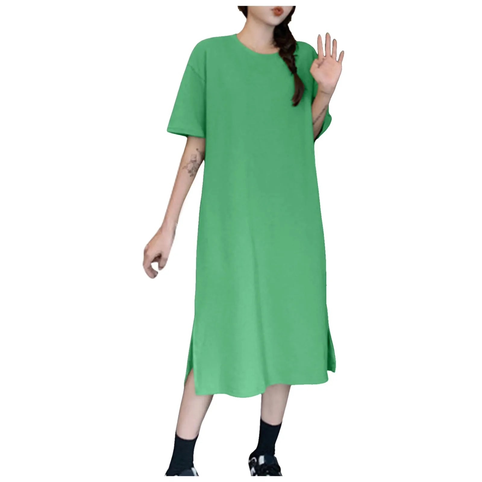 Summer New Loose Solid Color Dress Large Size Short Sleeved Casual Soft Dresses For Women Over The Knee Slit T Shirt Dress 원피스